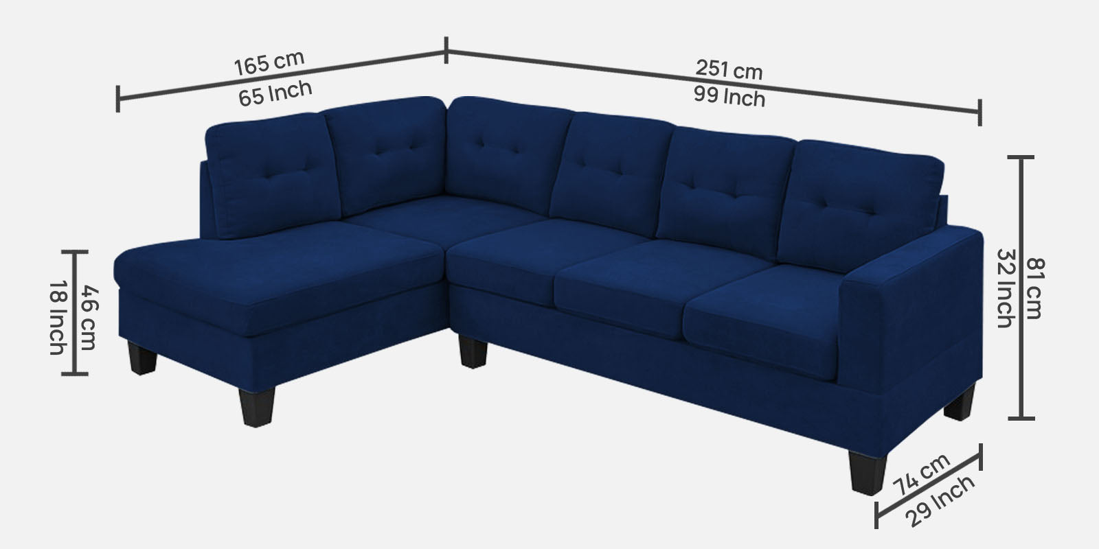 Thomas Fabric RHS Sectional Sofa (3+Lounger) In Royal Blue Colour - Febonic Living