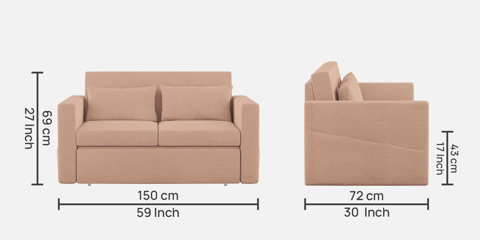 River Fabric 2 Seater Pull Out Sofa Cum Bed In Cosmic Beige Colour - Febonic Living