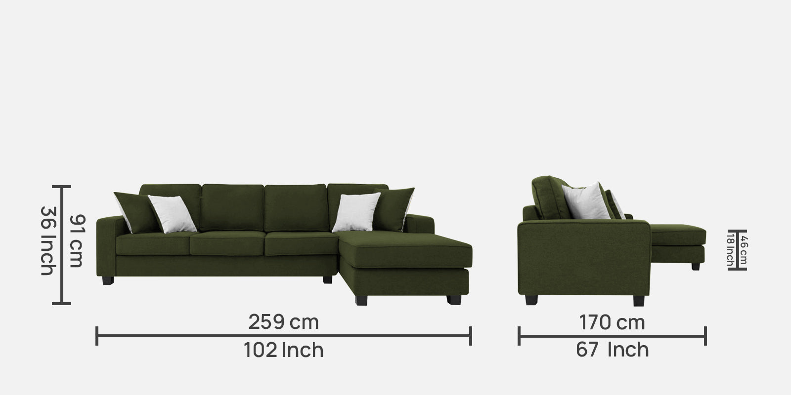Ladybug Fabric LHS Sectional Sofa (3+Lounger) In Olive Green Colour - Febonic Living