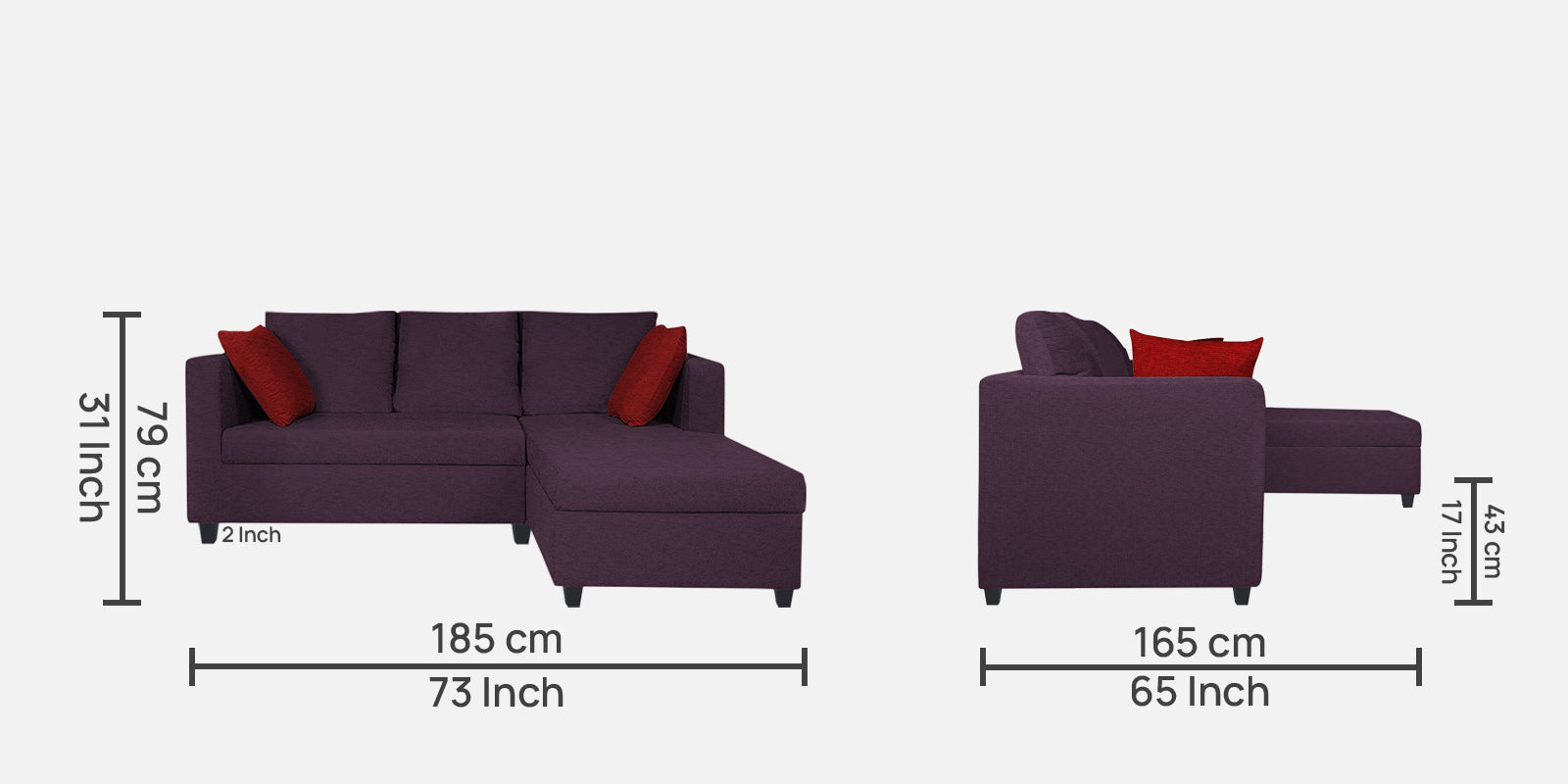 Nebula Fabric LHS Sectional Sofa (2+Lounger) In Greek Purple Colour - Febonic Living