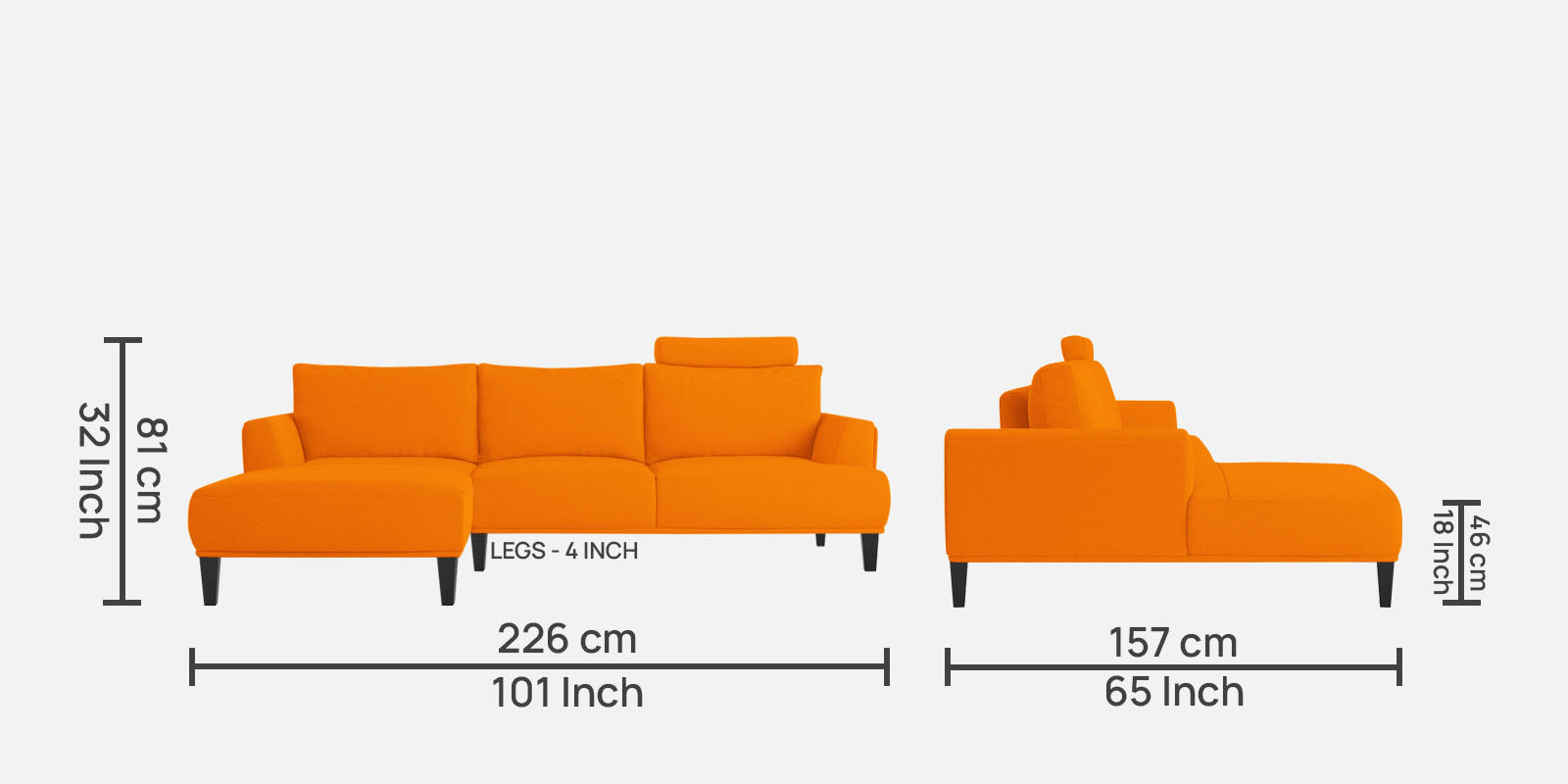 Como Fabric RHS Sectional Sofa (3+Lounger) In Vivid Orange Colour - Febonic Living