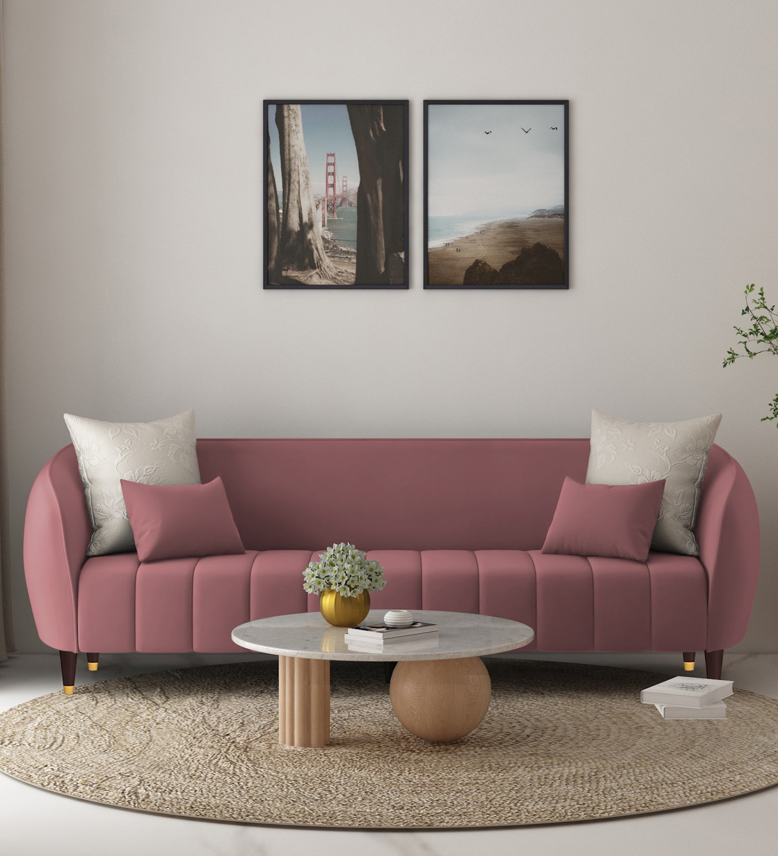 Hairo Velvet 3 Seater Sofa In Rose Pink Colour - Febonic Living