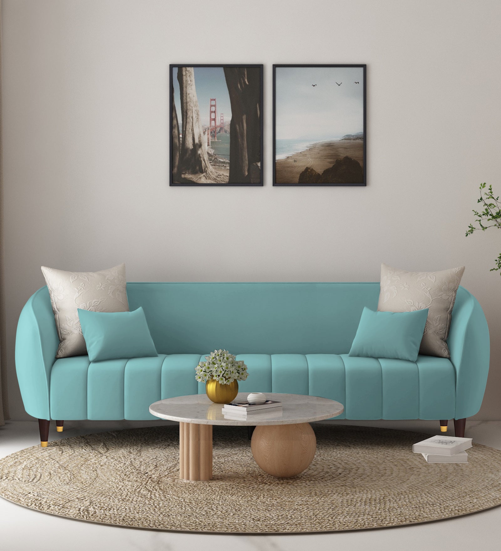 Hairo Velvet 3 Seater Sofa In Barmunda Aqua Colour - Febonic Living