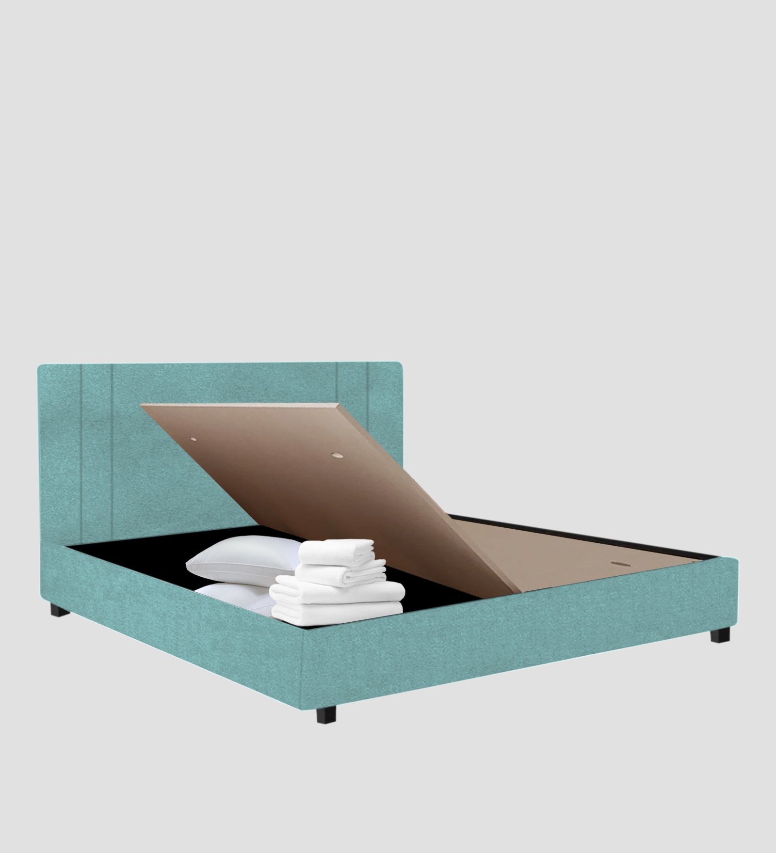 Asyra Velvet Queen Size Bed in Barmunda Aqua Colour With Box Storage - Febonic Living