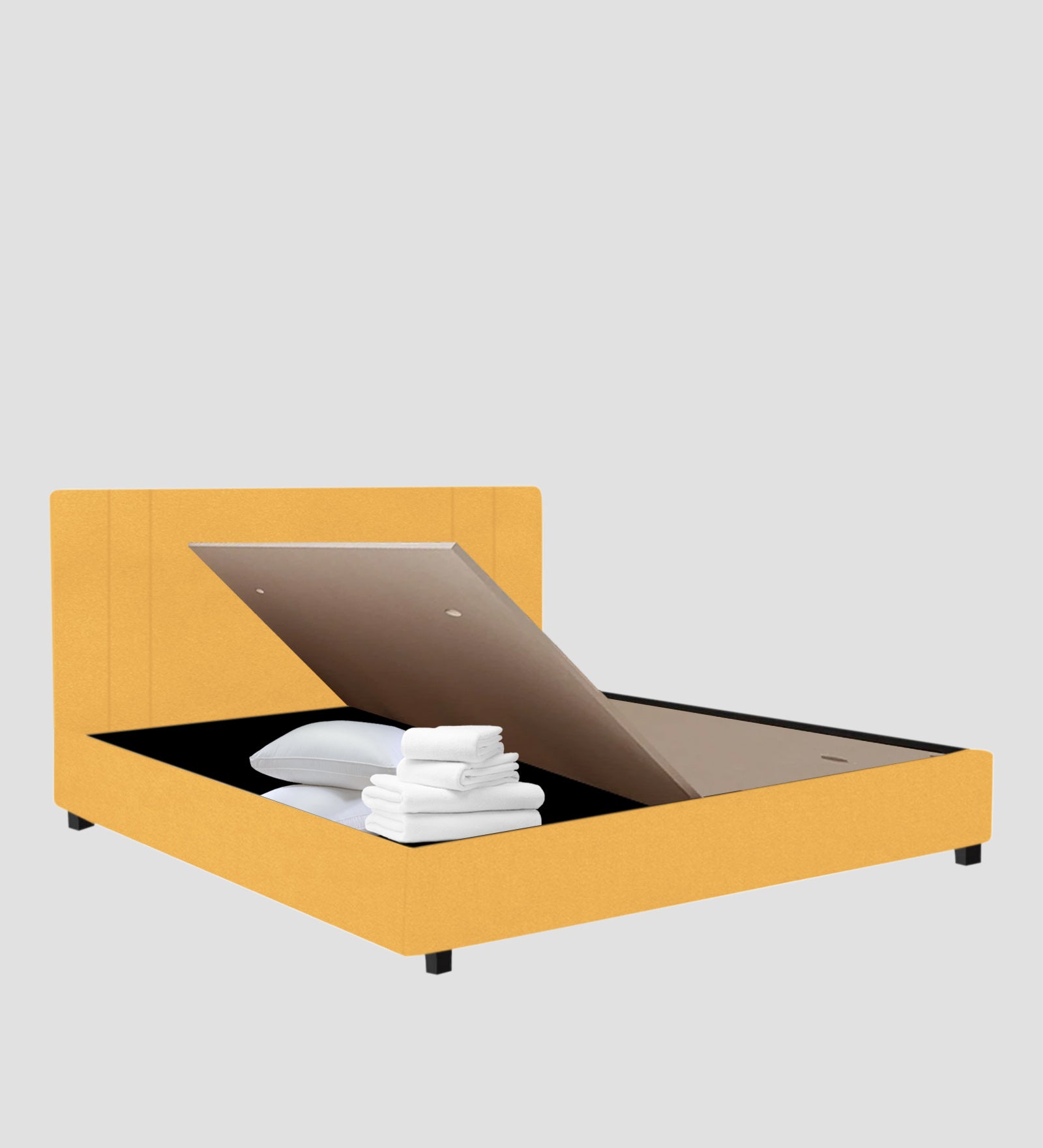 Asyra Velvet Upholstered King Size Bed In Turmeric Yellow Colour With Box Storage - Febonic Living