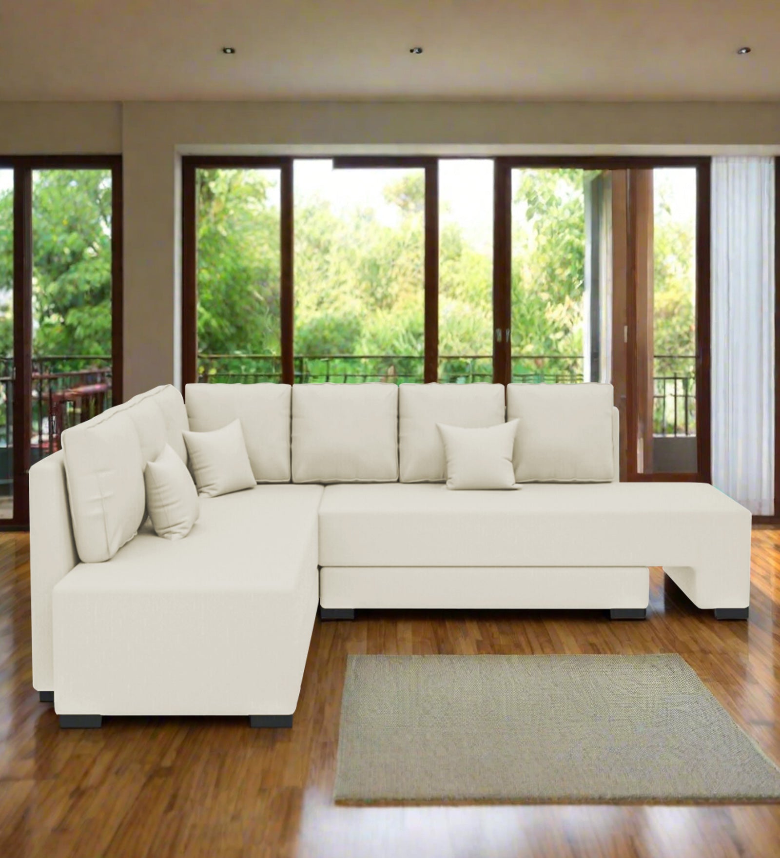Corby Velvet LHS 6 Seater Convertible Sofa Cum Bed In Warm White Colour - Febonic Living
