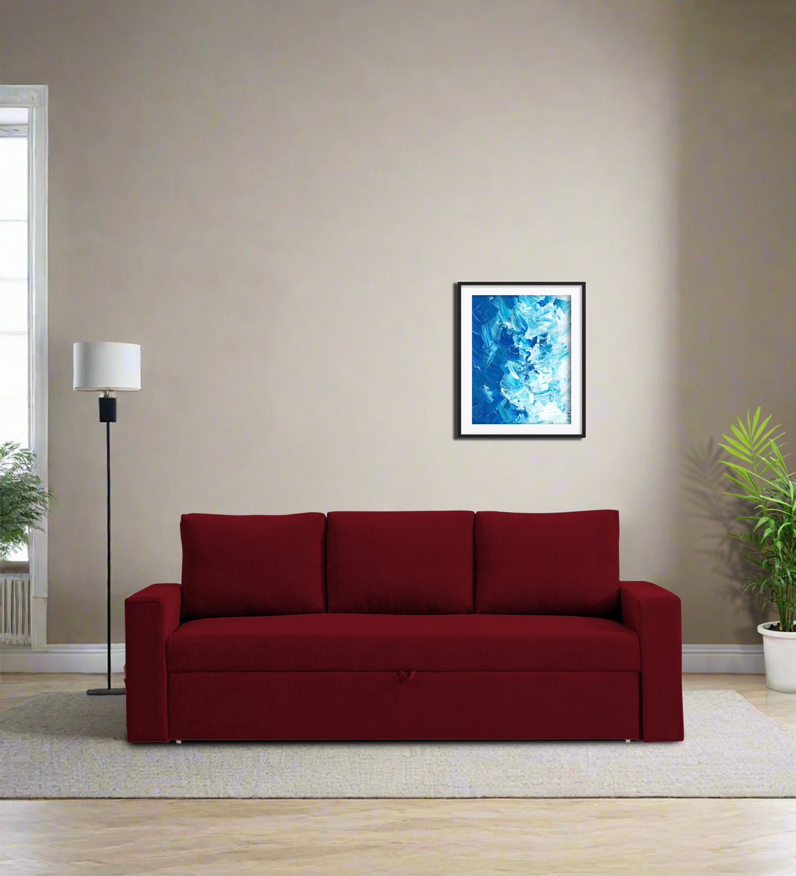 Kara Fabric 3 Seater Pull Out Sofa Cum Bed In Ruby Red Colour - Febonic Living