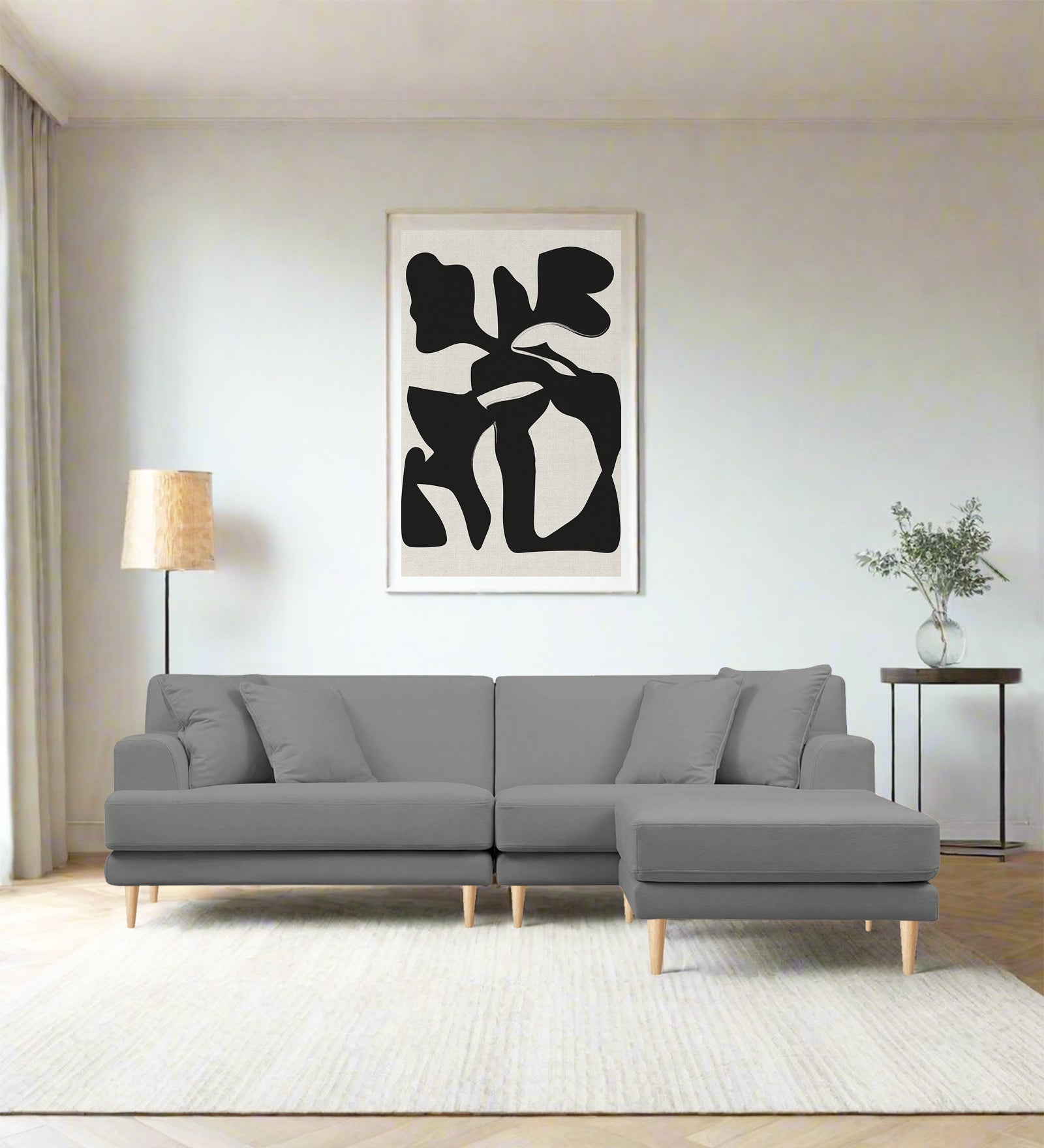 Woody Fabric LHS Sectional Sofa (3+Lounger) In Smoke Grey Colour - Febonic Living