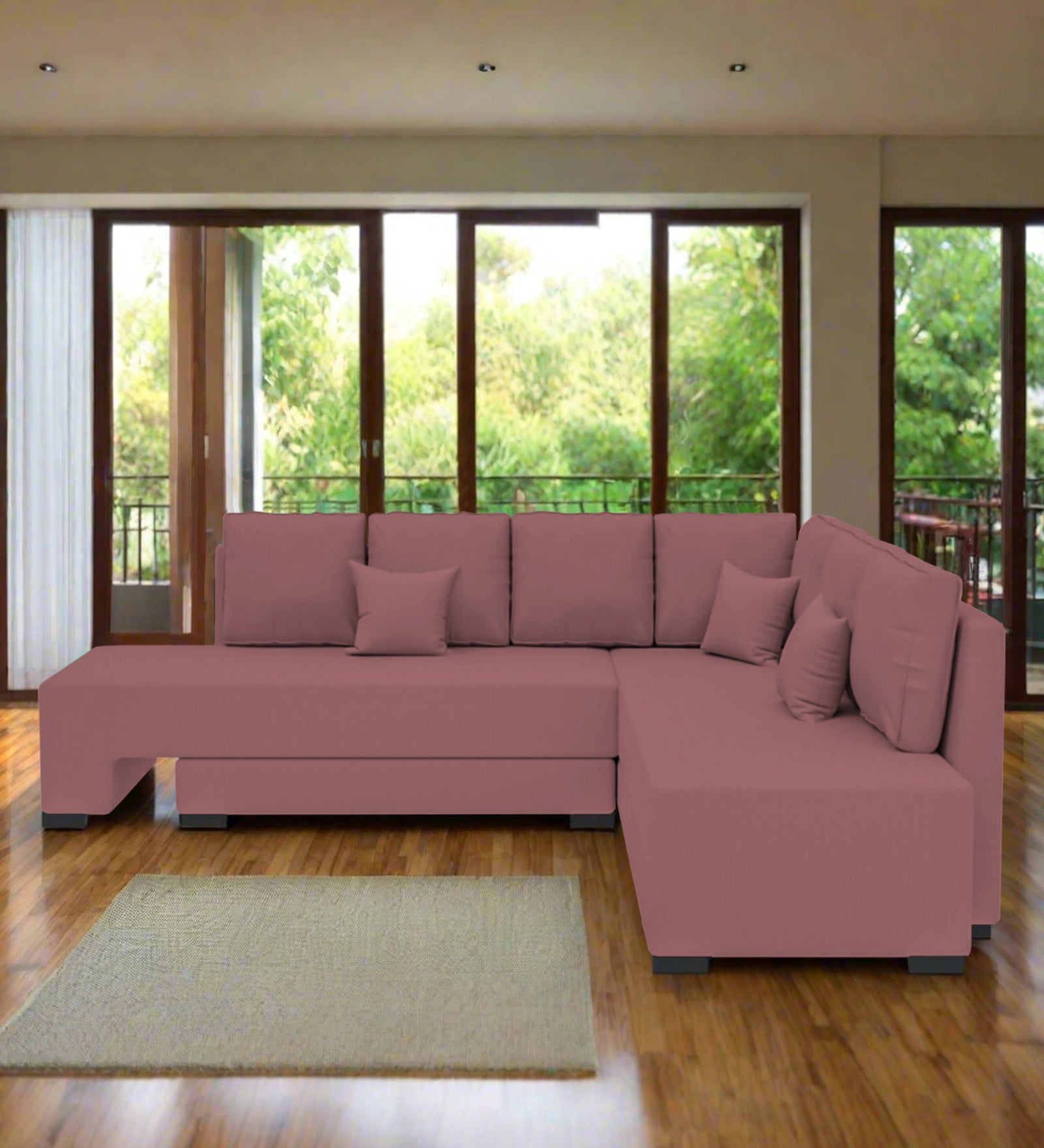 Corby Velvet RHS 6 Seater Convertible Sofa Cum Bed In Rose Pink Colour - Febonic Living