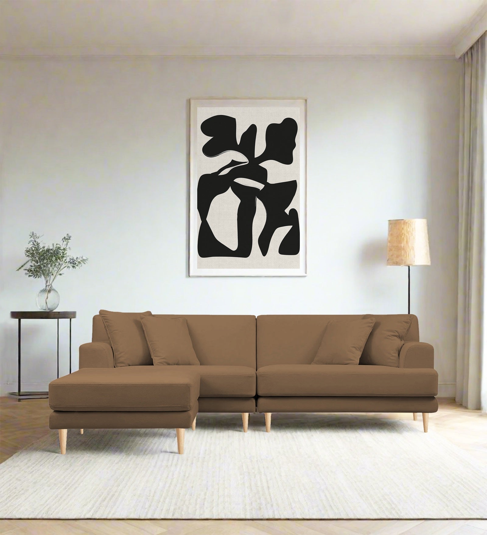 Woody Fabric RHS Sectional Sofa (3+Lounger) In Dusty peach Colour - Febonic Living