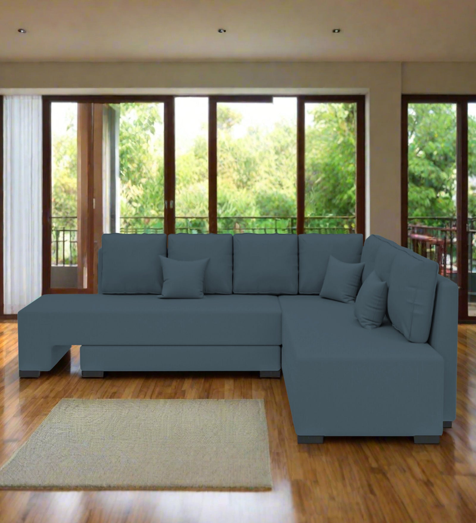Corby Velvet RHS 6 Seater Convertible Sofa Cum Bed In Oxford Blue Colour - Febonic Living