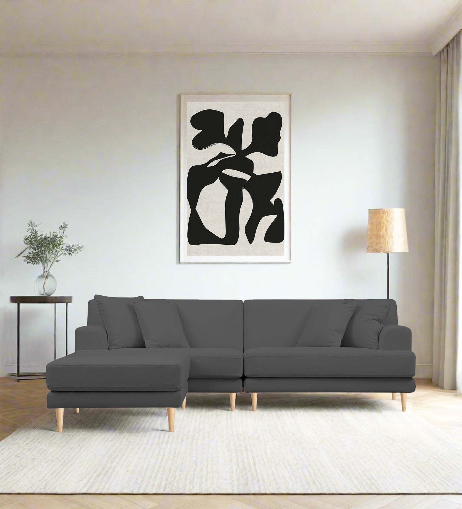 Woody Fabric RHS Sectional Sofa (3+Lounger) In Pure Grey Colour - Febonic Living