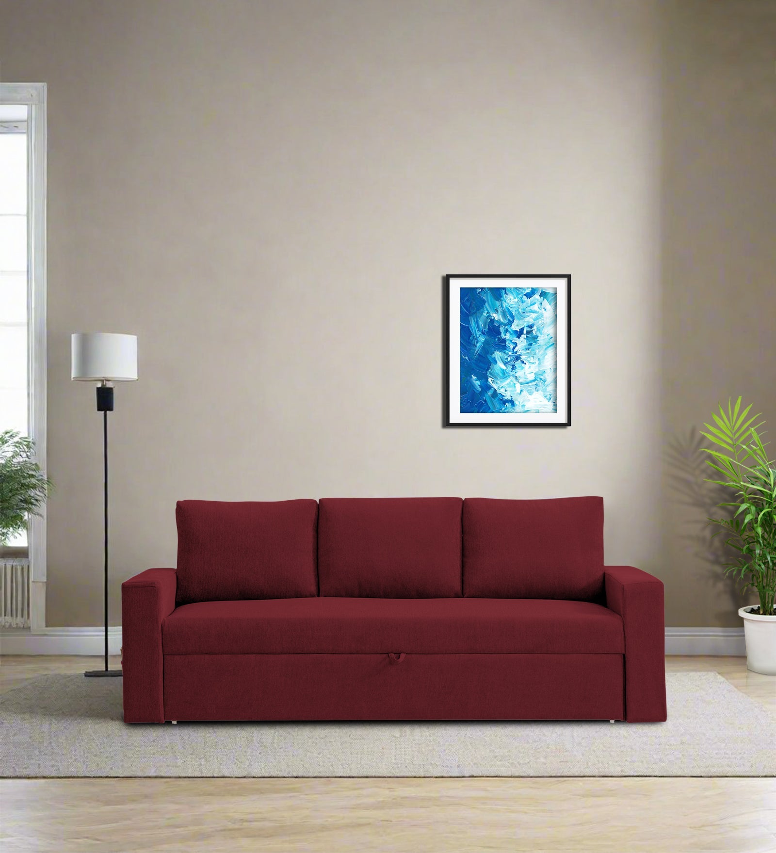 Kara Fabric 3 Seater Pull Out Sofa Cum Bed In Blood Maroon Colour - Febonic Living