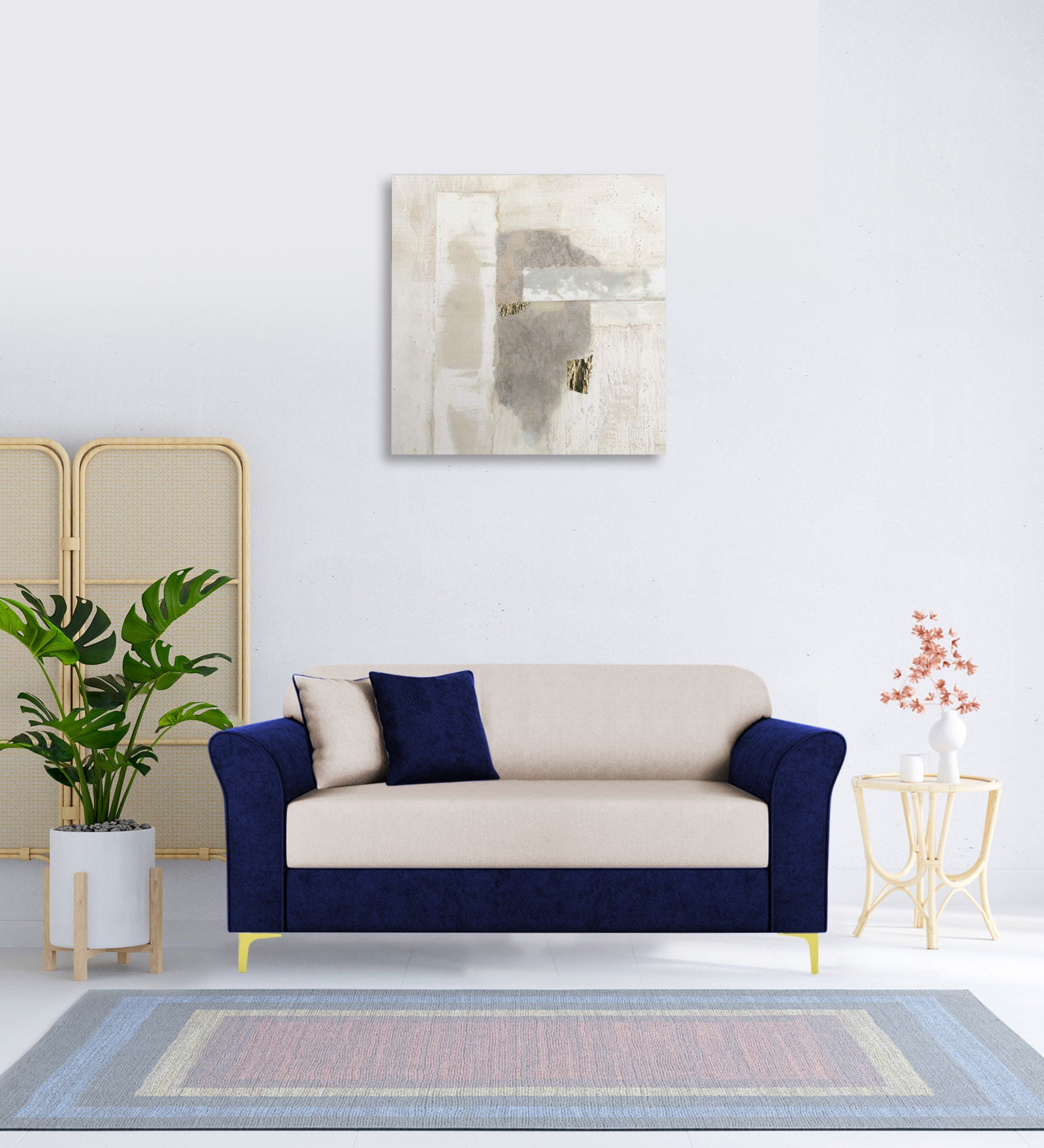 Jordan Velvet 2 Seater Sofa In Imperial Blue And Camel Beige Colour - Febonic Living