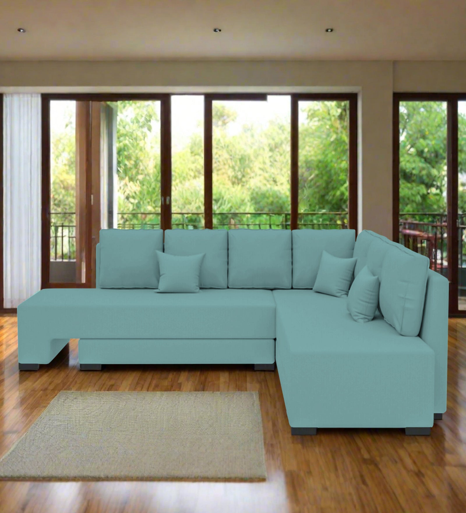 Corby Velvet RHS 6 Seater Convertible Sofa Cum Bed In Barmunda Aqua Colour - Febonic Living