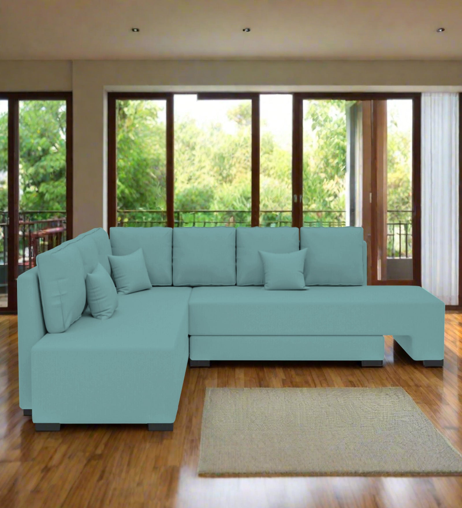 Corby Velvet LHS 6 Seater Convertible Sofa Cum Bed In Barmunda Aqua Colour - Febonic Living