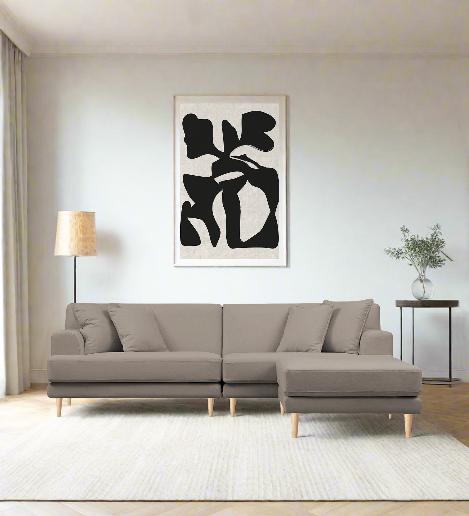 Woody Fabric LHS Sectional Sofa (3+Lounger) In Oat Beige Colour - Febonic Living