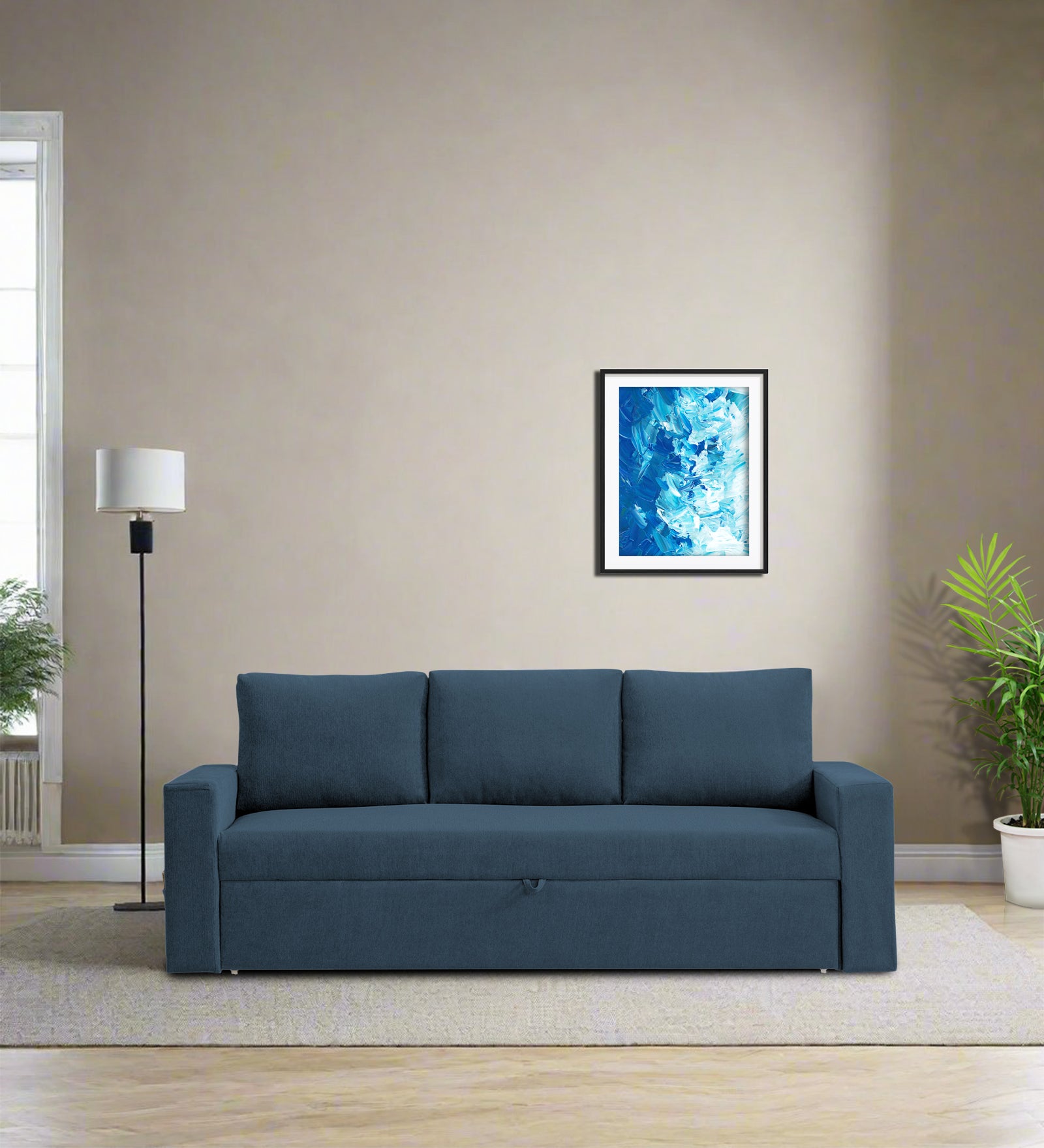 Kara Fabric 3 Seater Pull Out Sofa Cum Bed In Light Blue Colour - Febonic Living