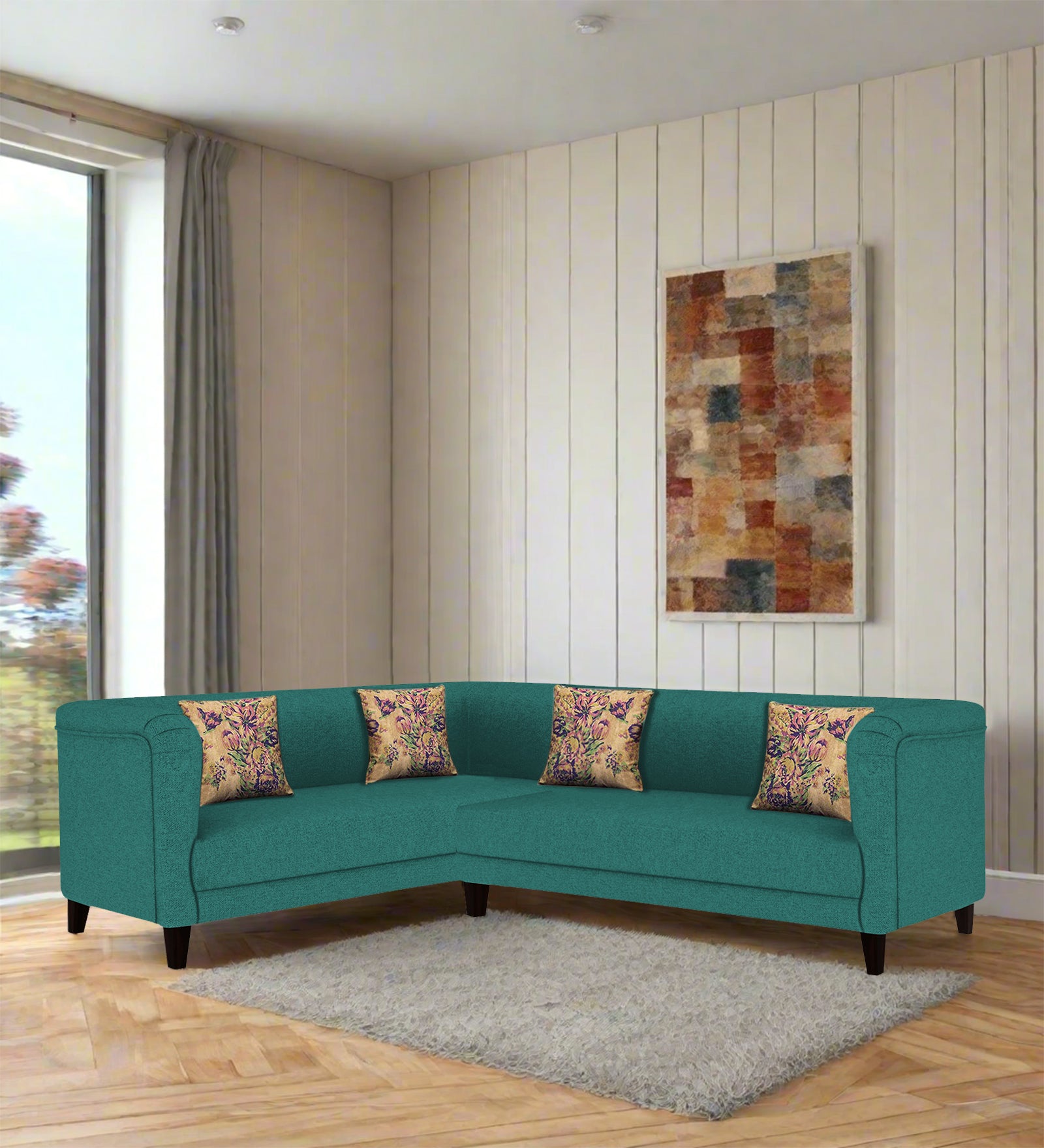 Niki Fabric Corner Sofa In Sea Green Colour - Febonic Living