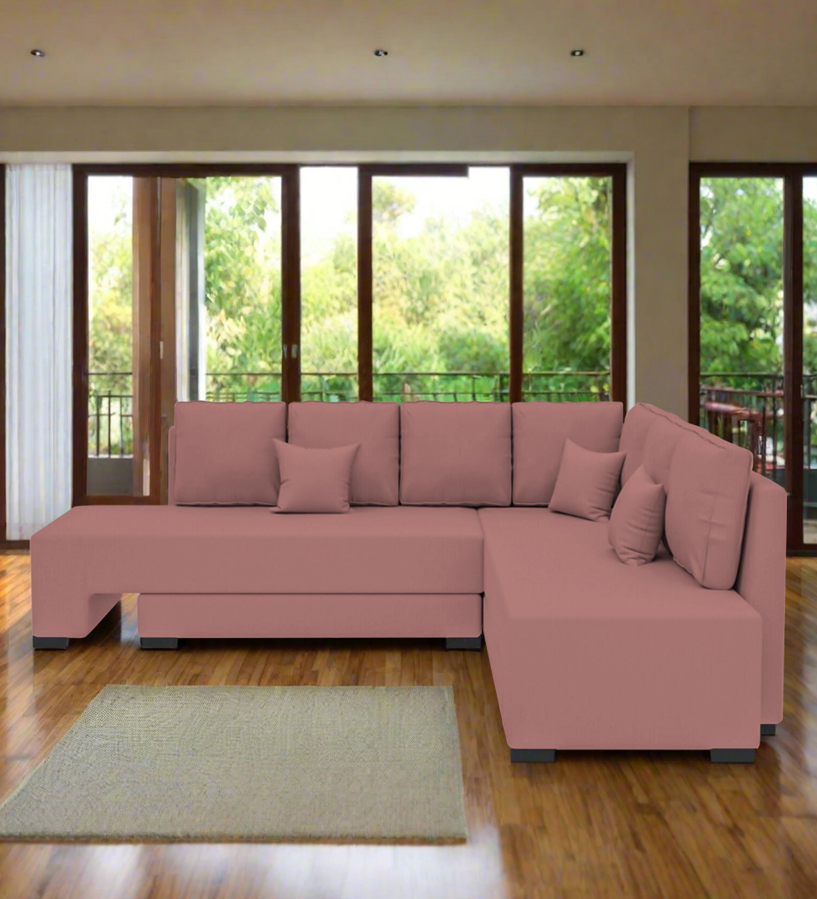 Corby Velvet RHS 6 Seater Convertible Sofa Cum Bed In Blush Pink Colour - Febonic Living
