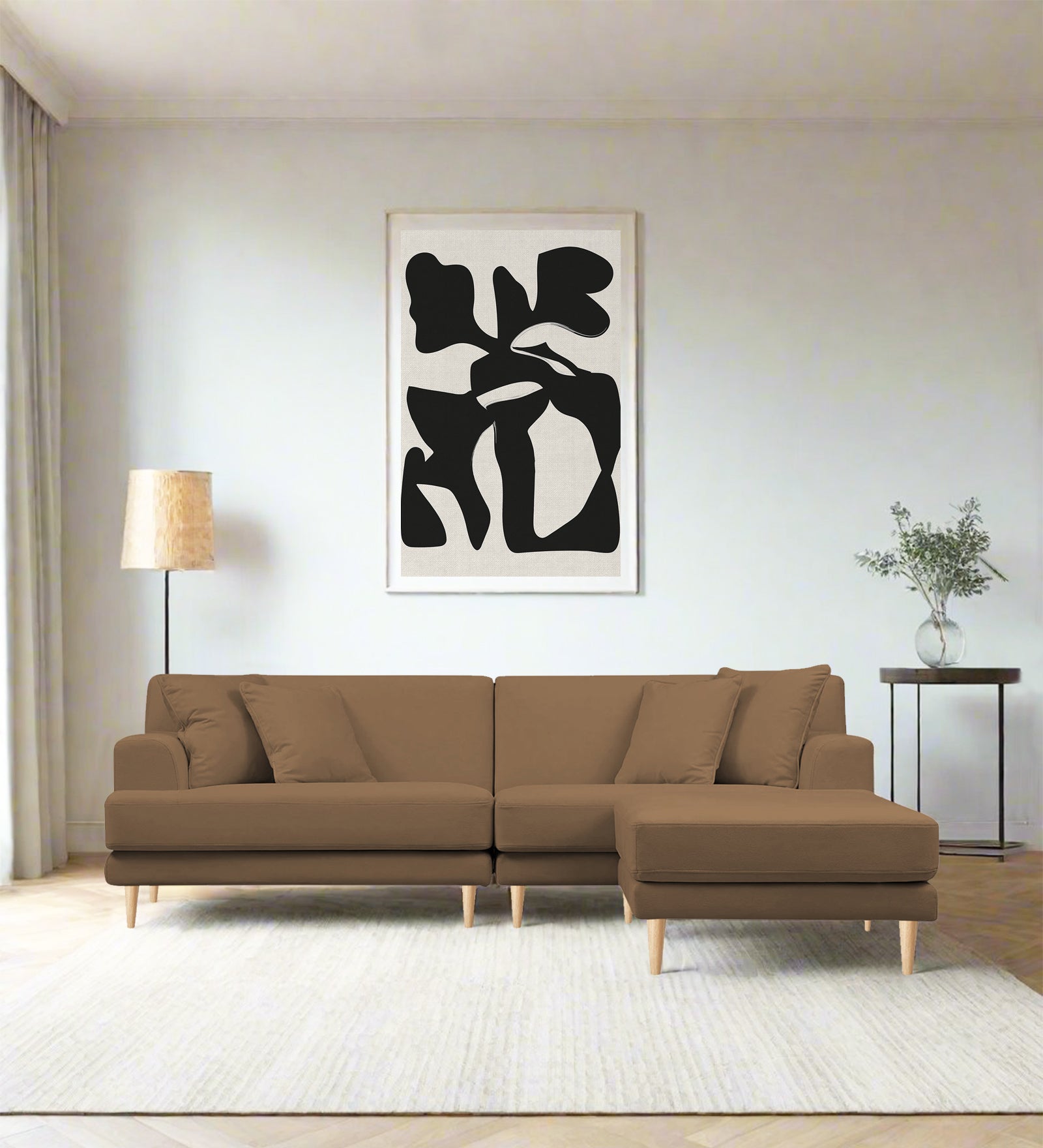 Woody Fabric LHS Sectional Sofa (3+Lounger) In Dusty peach Colour - Febonic Living