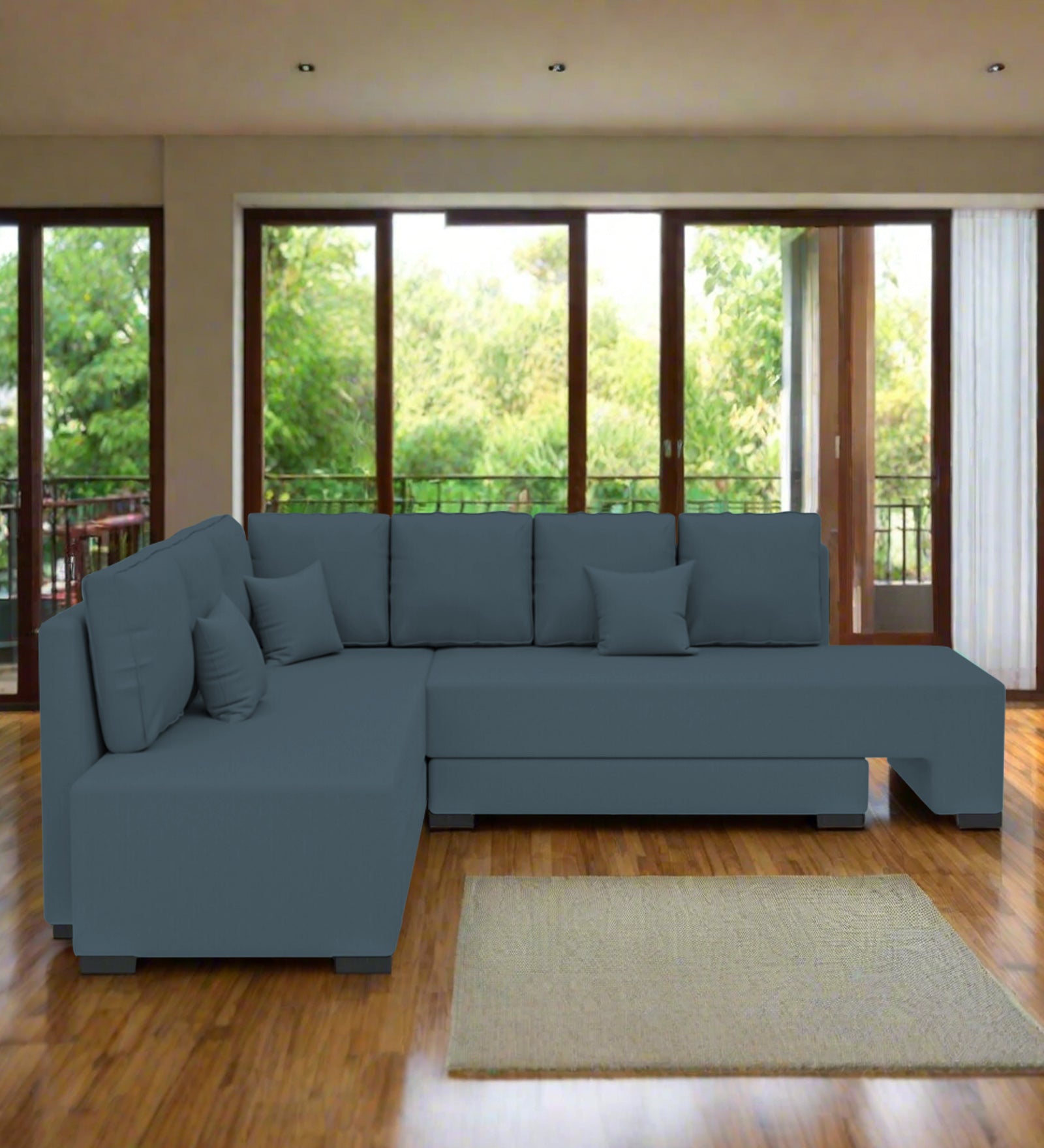 Corby Velvet LHS 6 Seater Convertible Sofa Cum Bed In Oxford Blue Colour - Febonic Living