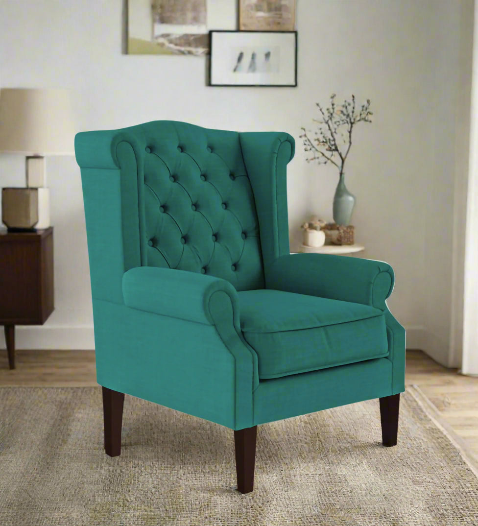 Neyub Fabric Wing Chair In Sea Green Colour - Febonic Living