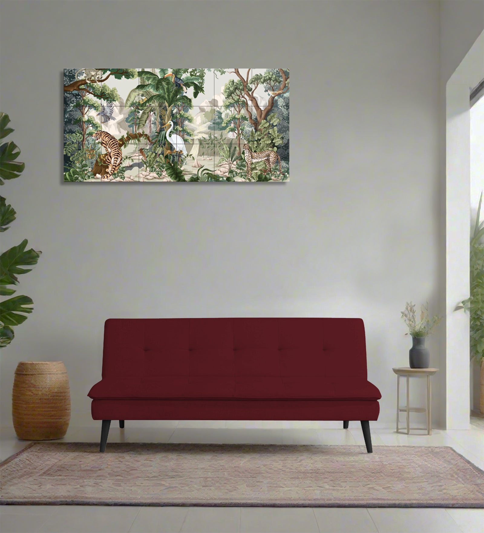 Toner Fabric 3 Seater Convertible Sofa Cum Bed In Blood Maroon Colour - Febonic Living