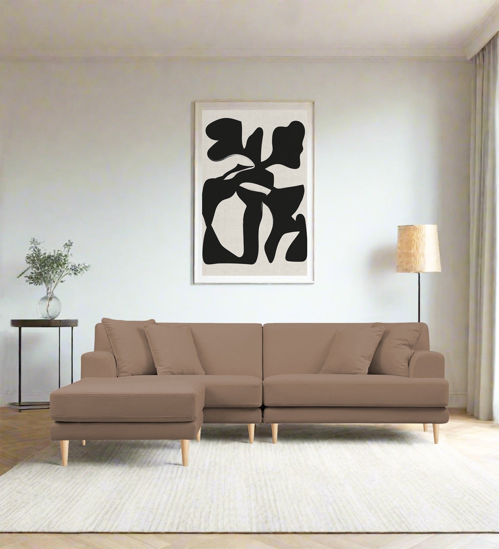 Woody Fabric RHS Sectional Sofa (3+Lounger) In Wheat Beige Colour - Febonic Living