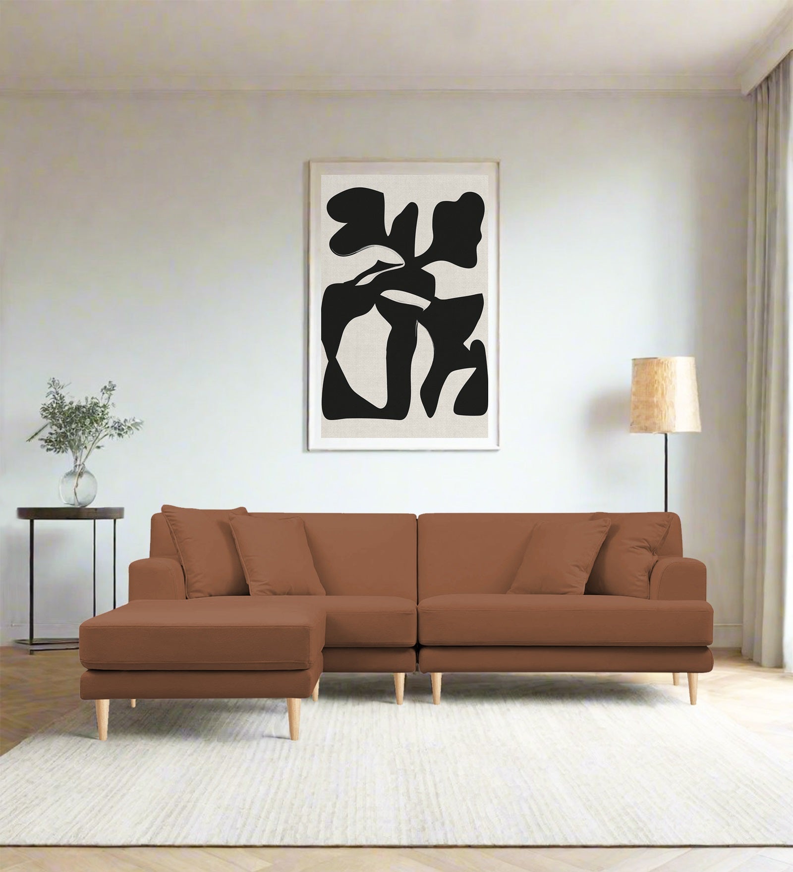 Woody Fabric RHS Sectional Sofa (3+Lounger) In Caramel Beige Colour - Febonic Living