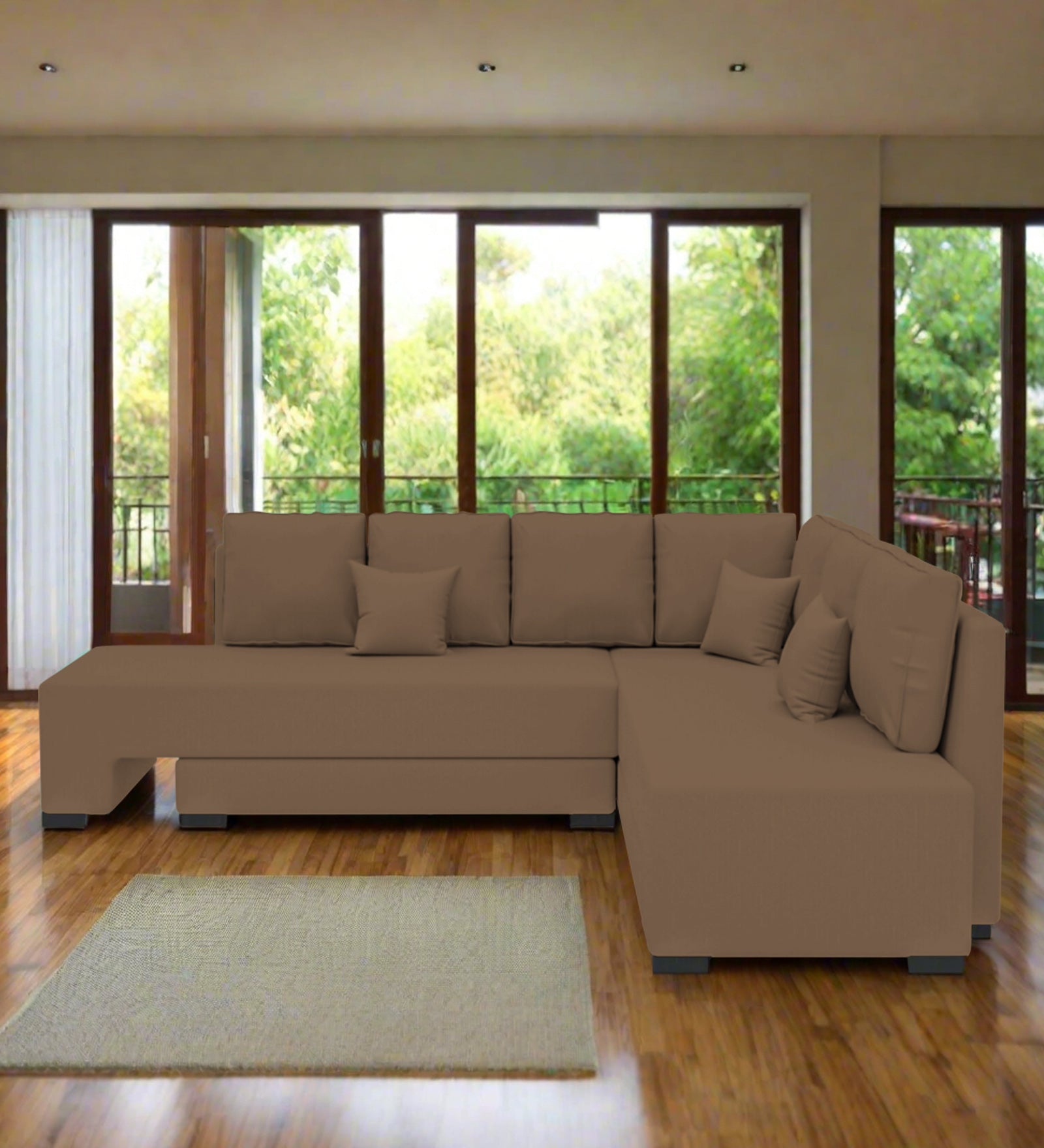 Corby Velvet RHS 6 Seater Convertible Sofa Cum Bed In Mocha Mouse Colour - Febonic Living
