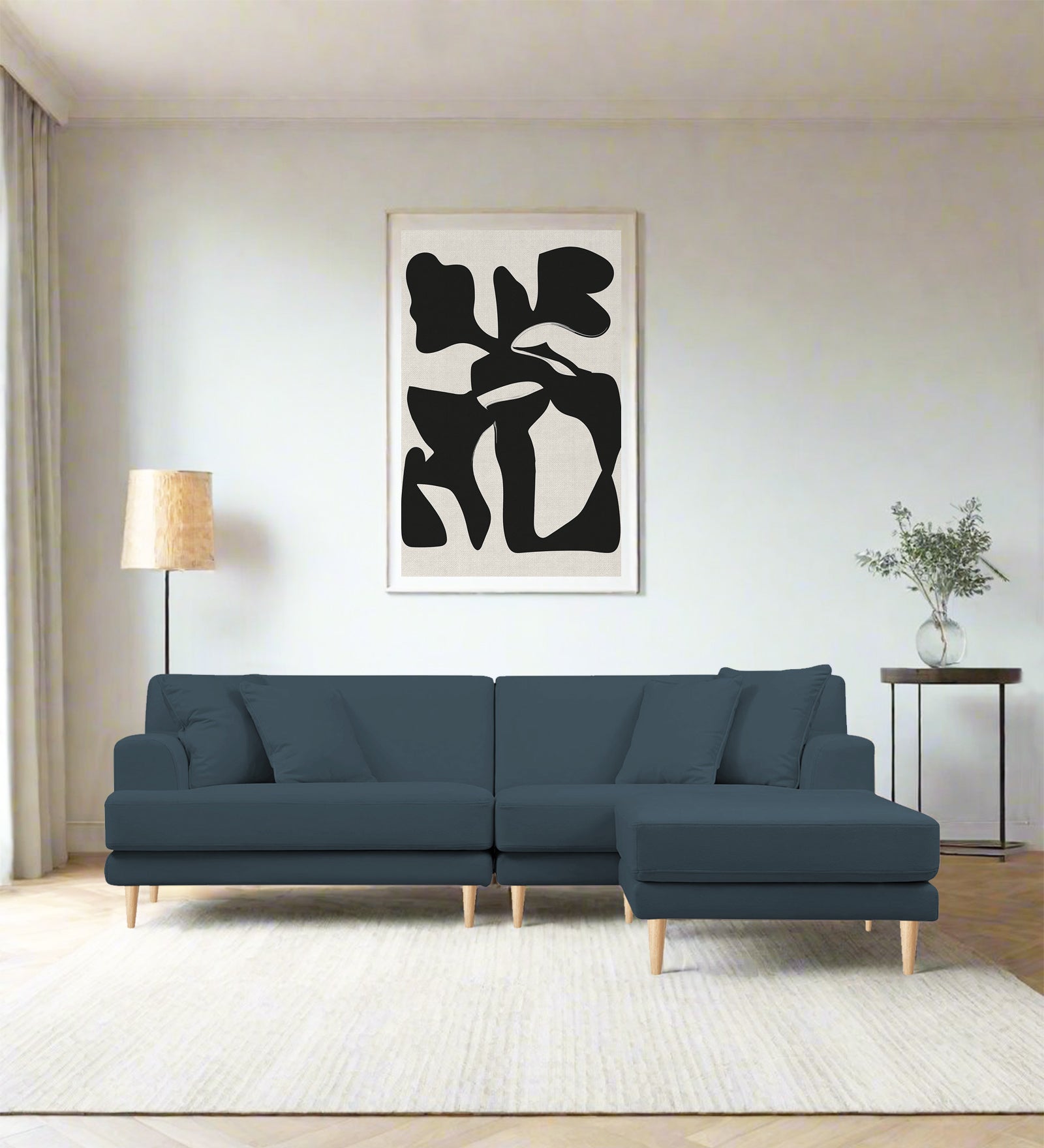 Woody Fabric LHS Sectional Sofa (3+Lounger) In Cobalt Blue Colour - Febonic Living