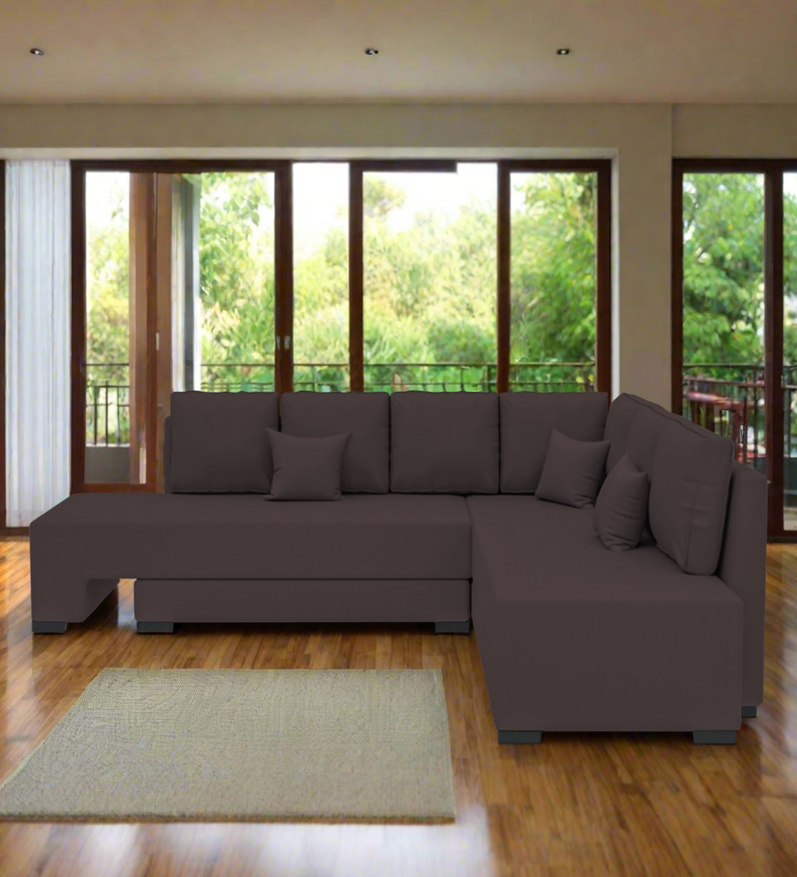 Corby Velvet RHS 6 Seater Convertible Sofa Cum Bed In Mocha Brown Colour - Febonic Living