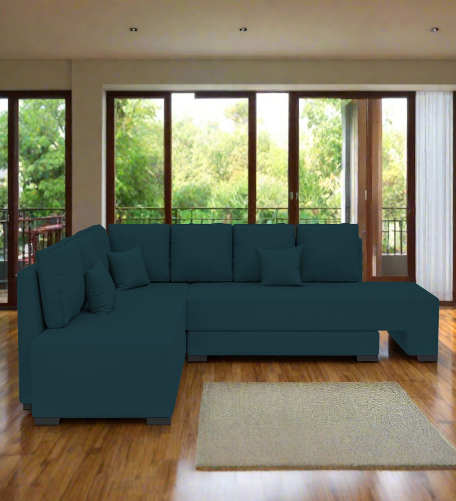Corby Velvet LHS 6 Seater Convertible Sofa Cum Bed In Arabian Green Colour - Febonic Living