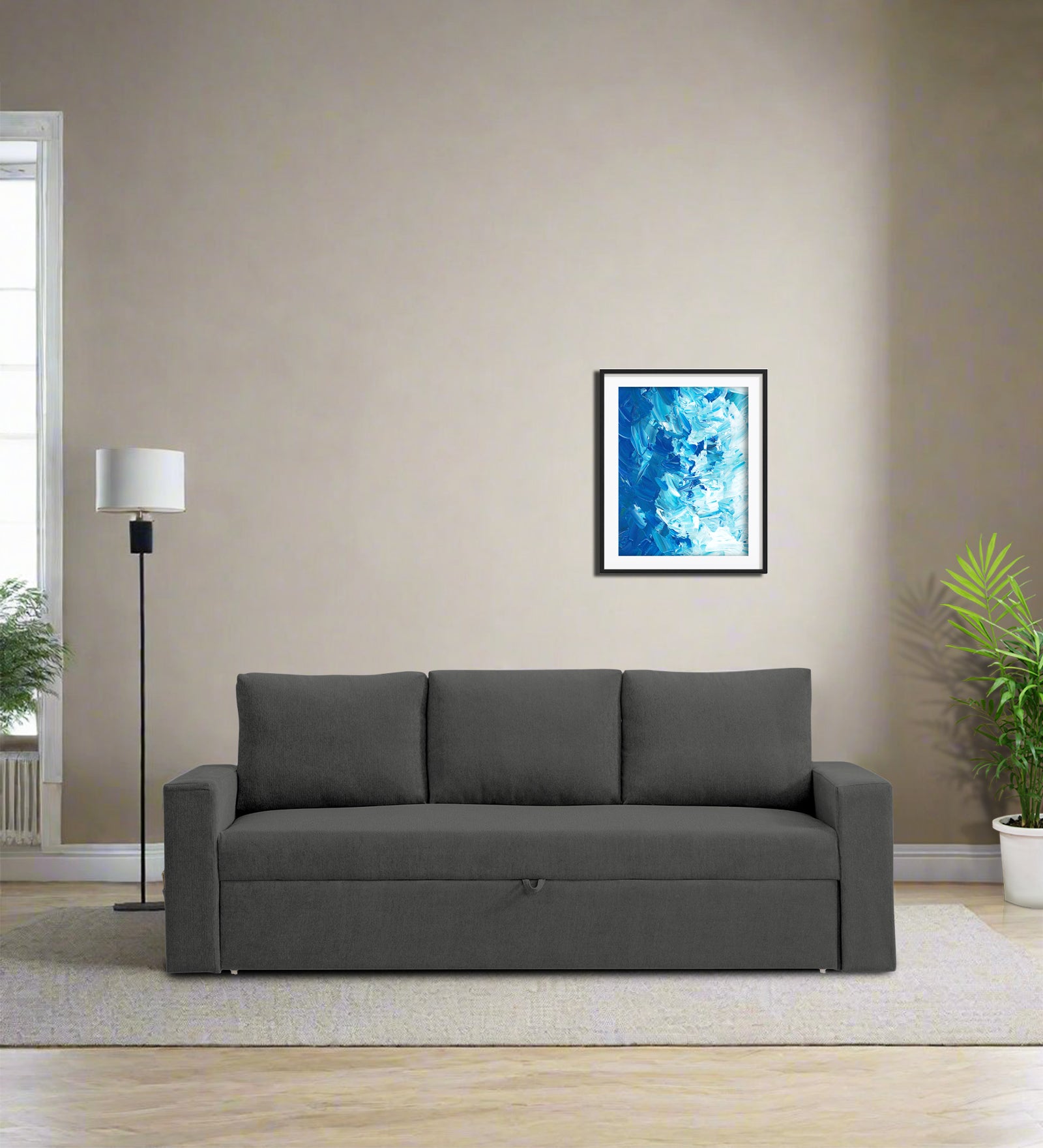 Kara Fabric 3 Seater Pull Out Sofa Cum Bed In Charcoal Gray Colour - Febonic Living