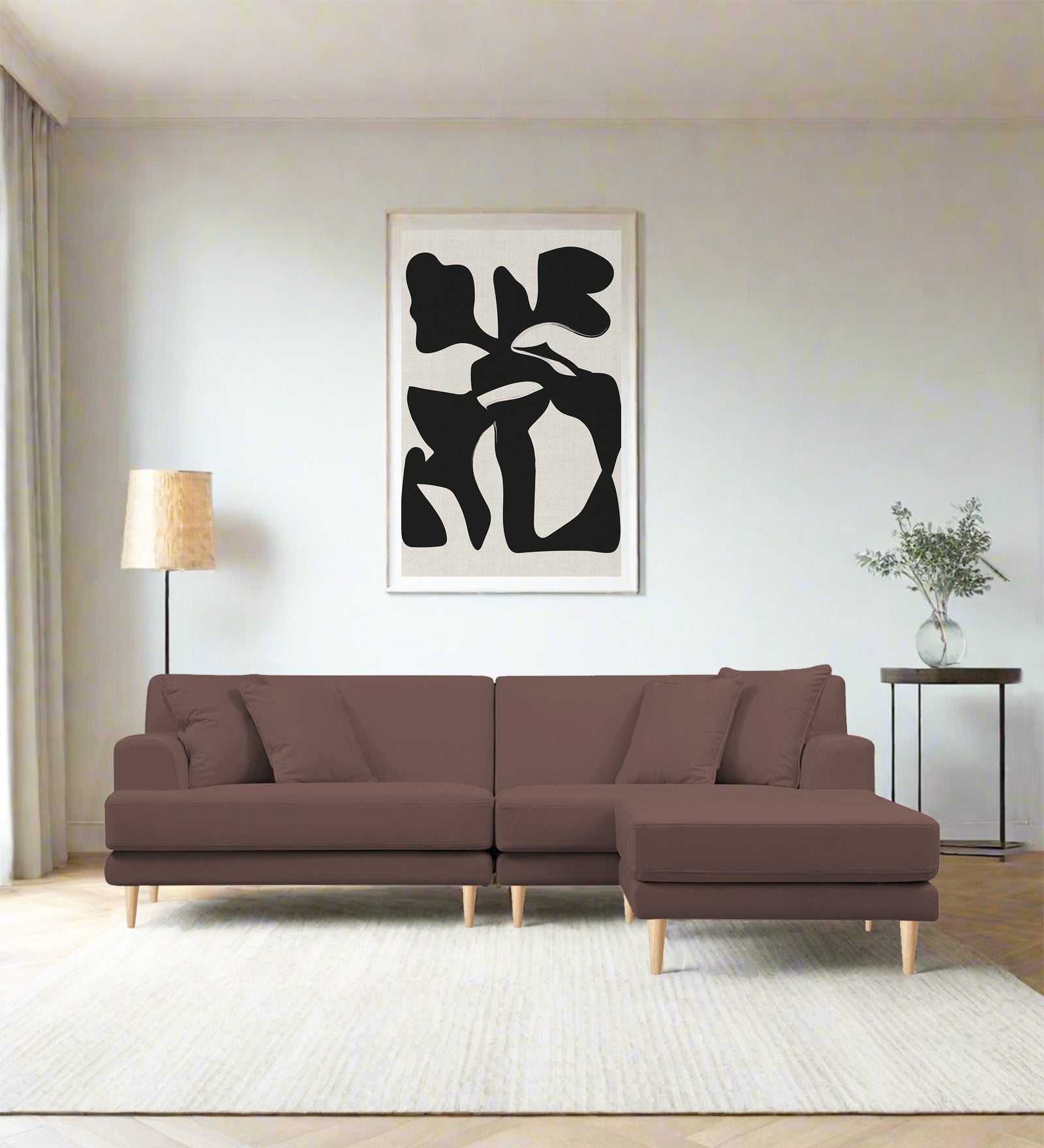 Woody Fabric LHS Sectional Sofa (3+Lounger) In Berry Wine Colour - Febonic Living