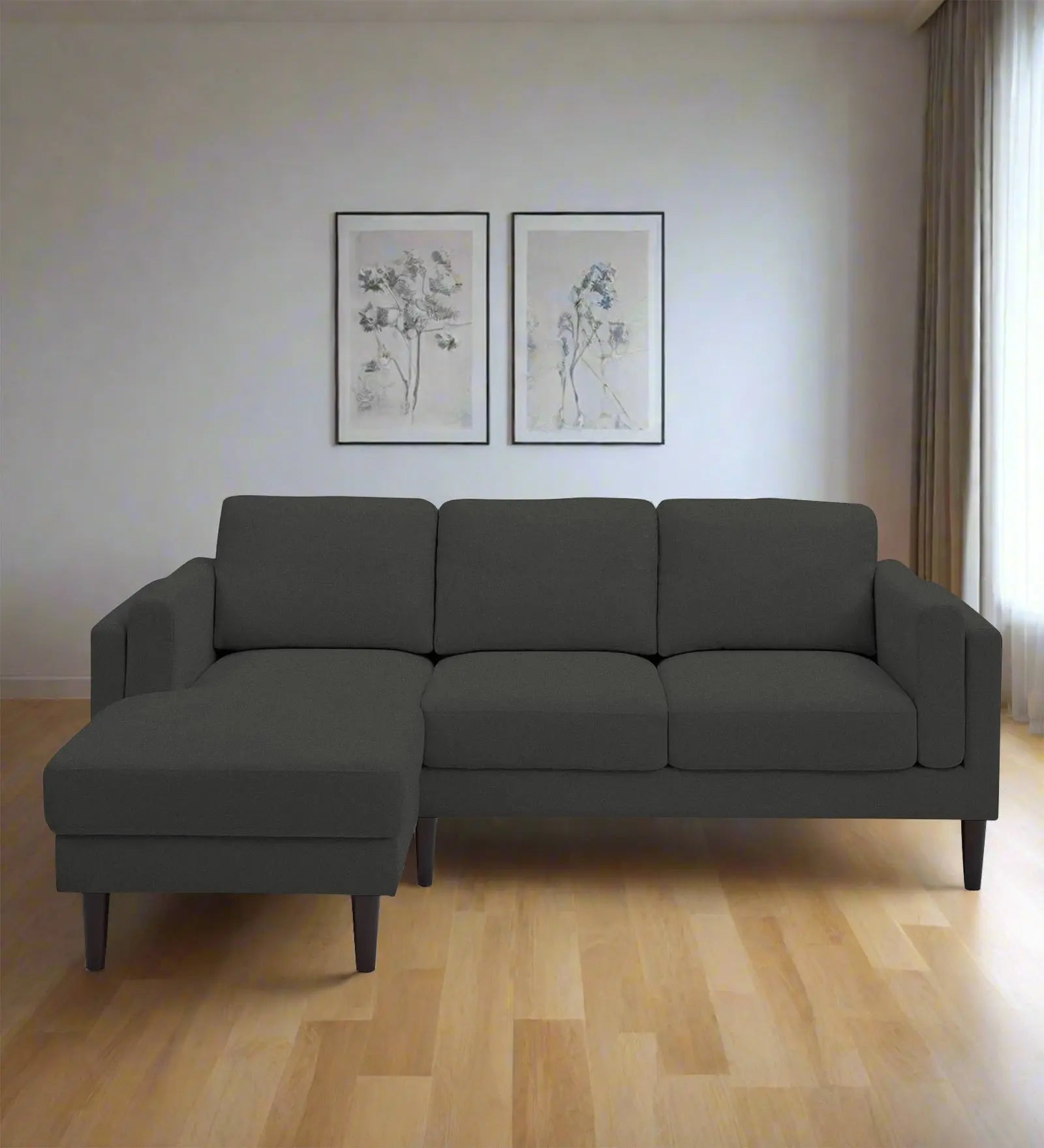 Creata Fabric RHS Sectional Sofa (2+Lounger) In Charcoal Grey Colour Febonic Living