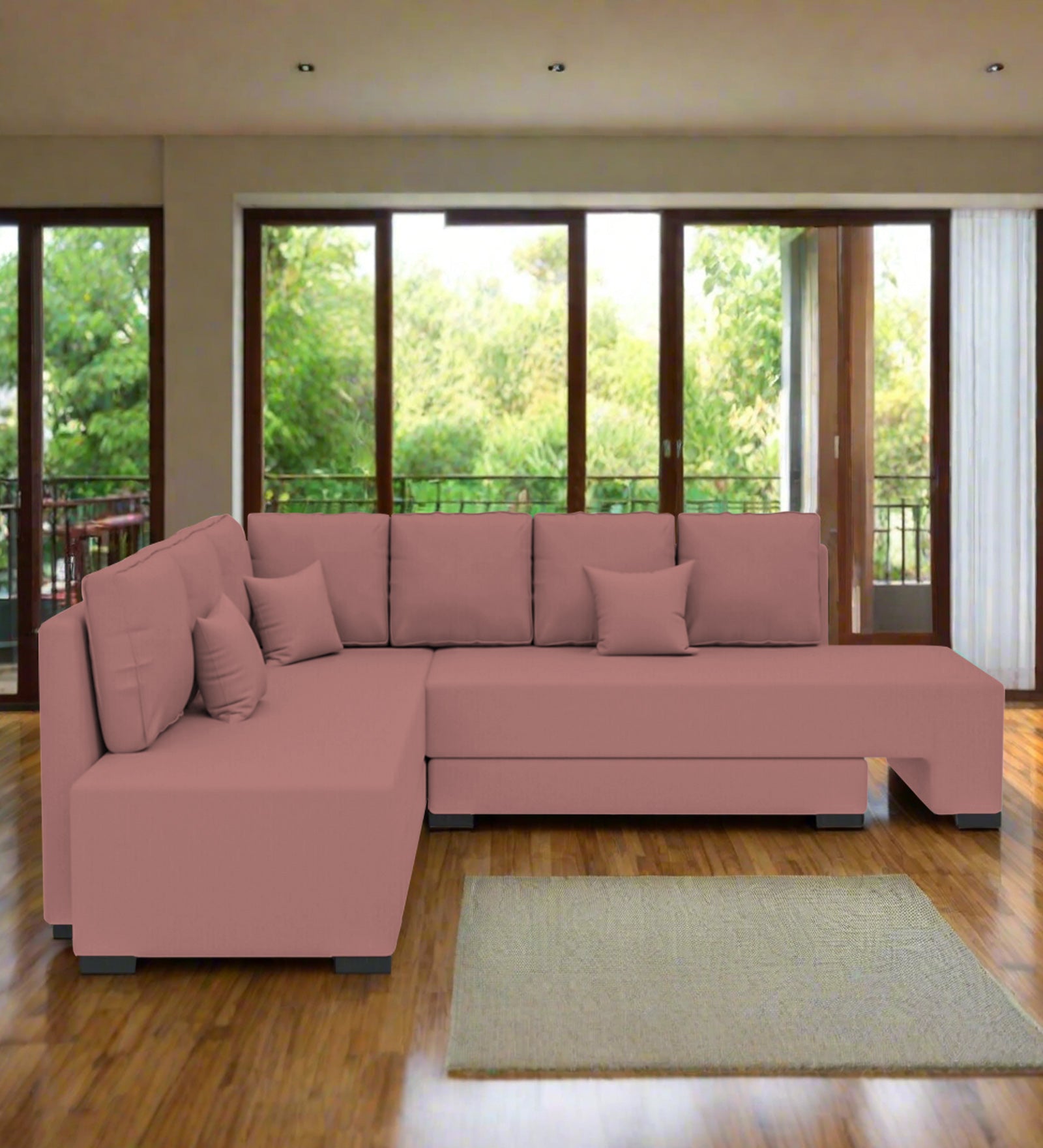 Corby Velvet LHS 6 Seater Convertible Sofa Cum Bed In Blush Pink Colour - Febonic Living