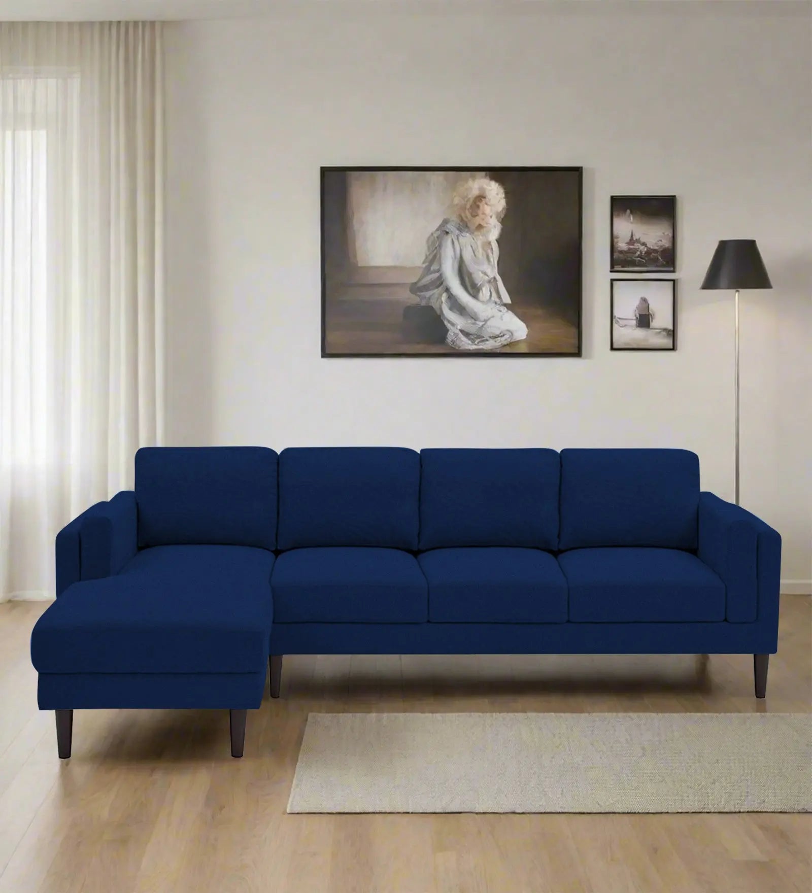 Creata Fabric RHS Sectional Sofa (3+Lounger) In Royal Blue Colour Febonic Living