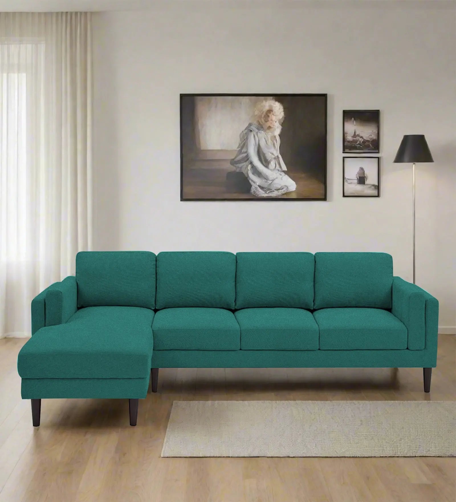 Creata Fabric RHS Sectional Sofa (3+Lounger) In Sea Green Colour Febonic Living