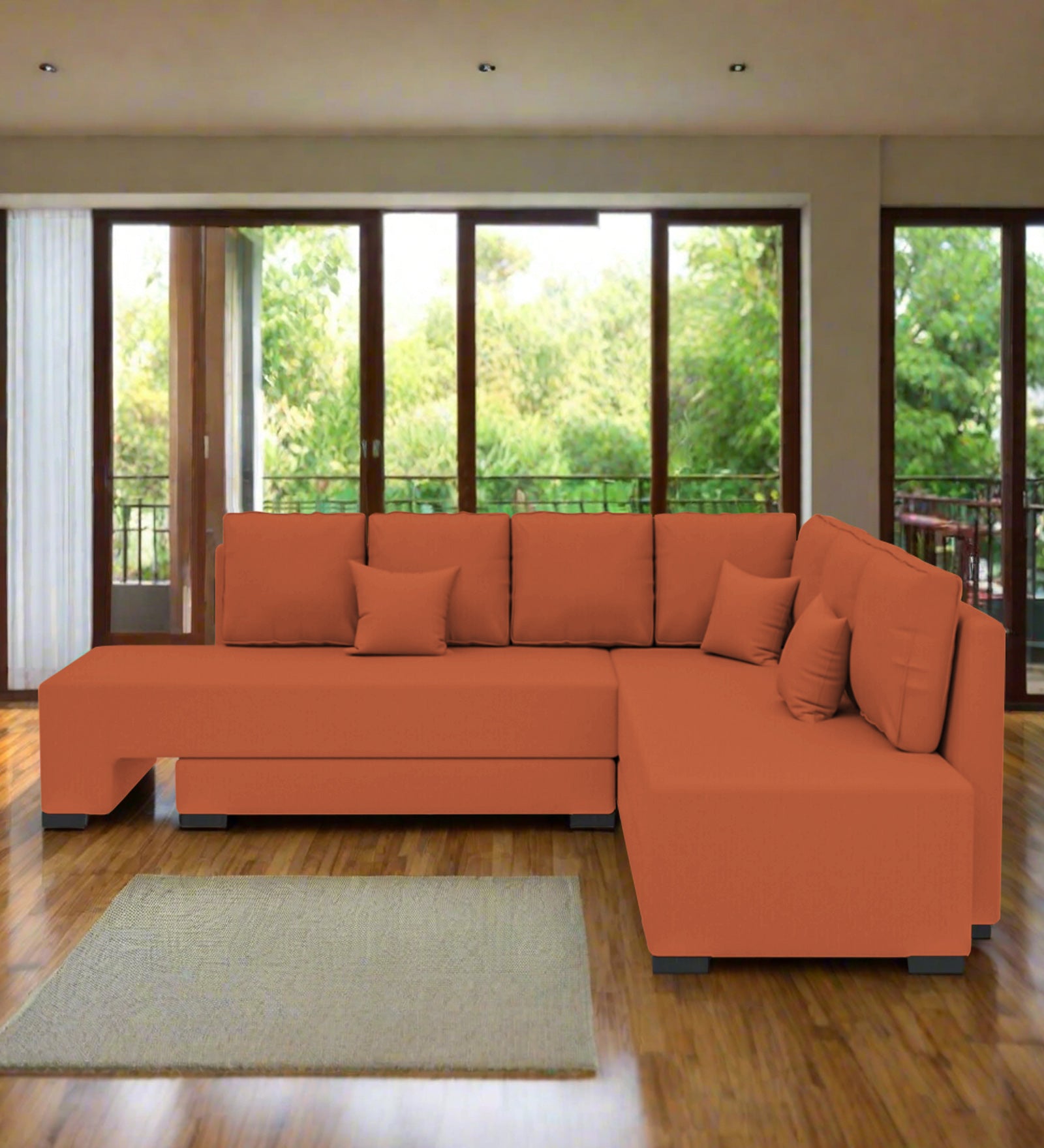 Corby Velvet RHS 6 Seater Convertible Sofa Cum Bed In Yam Orange Colour - Febonic Living