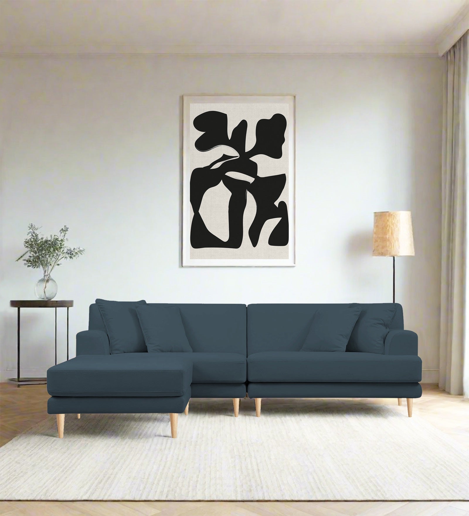 Woody Fabric RHS Sectional Sofa (3+Lounger) In Cobalt Blue Colour - Febonic Living