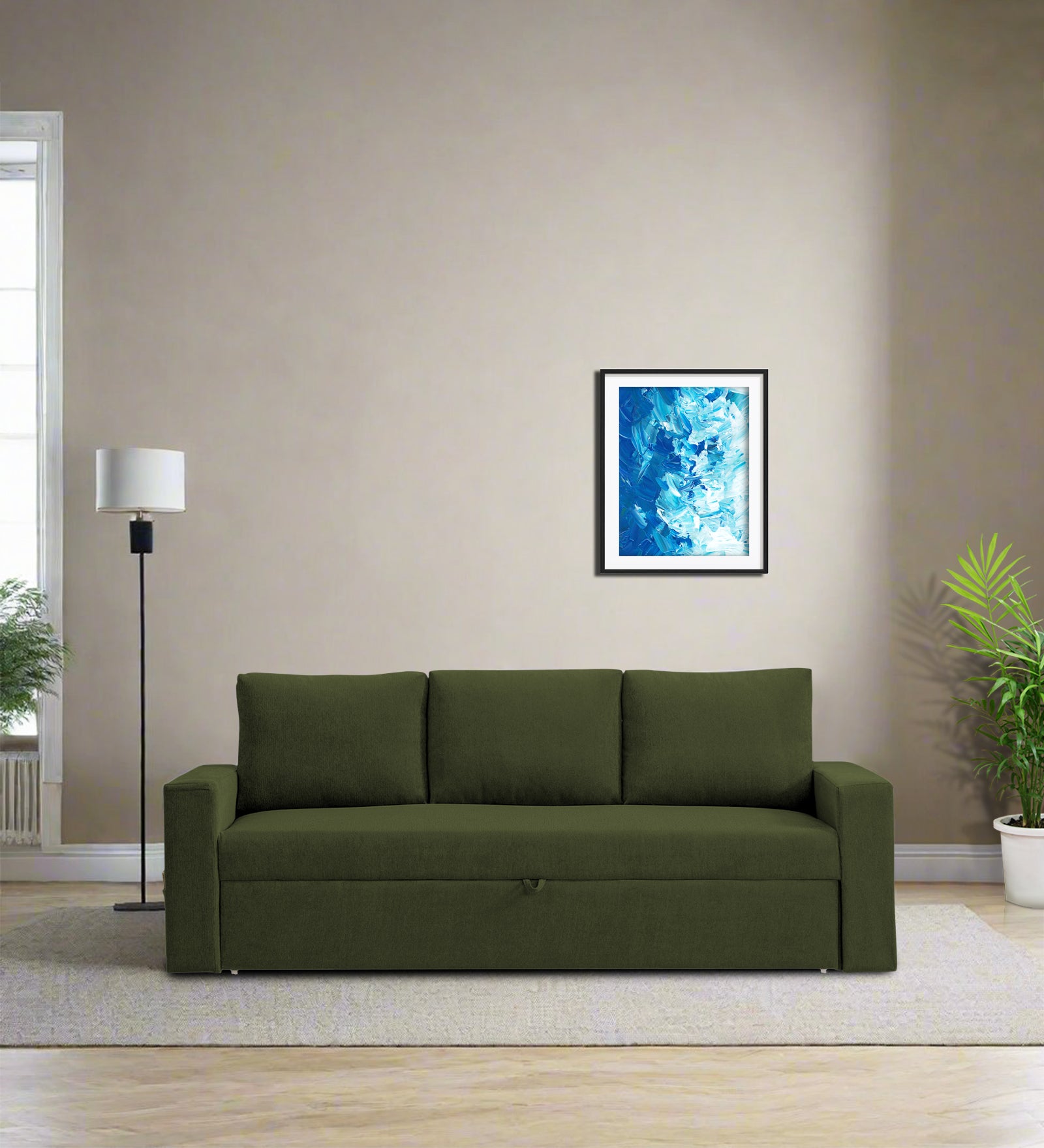 Kara Fabric 3 Seater Pull Out Sofa Cum Bed In Olive Green Colour - Febonic Living