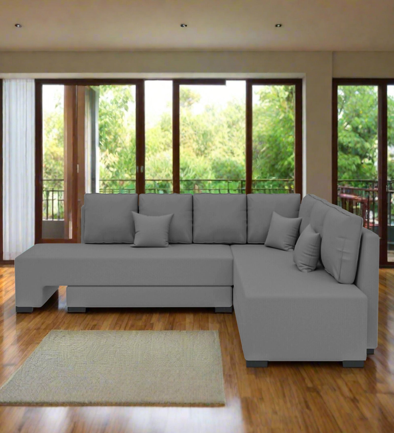 Corby Velvet RHS 6 Seater Convertible Sofa Cum Bed In Light Grey Colour - Febonic Living