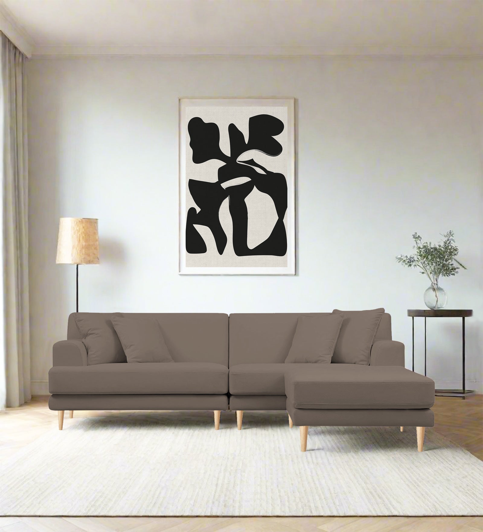 Woody Fabric LHS Sectional Sofa (3+Lounger) In Rock Beige Colour - Febonic Living