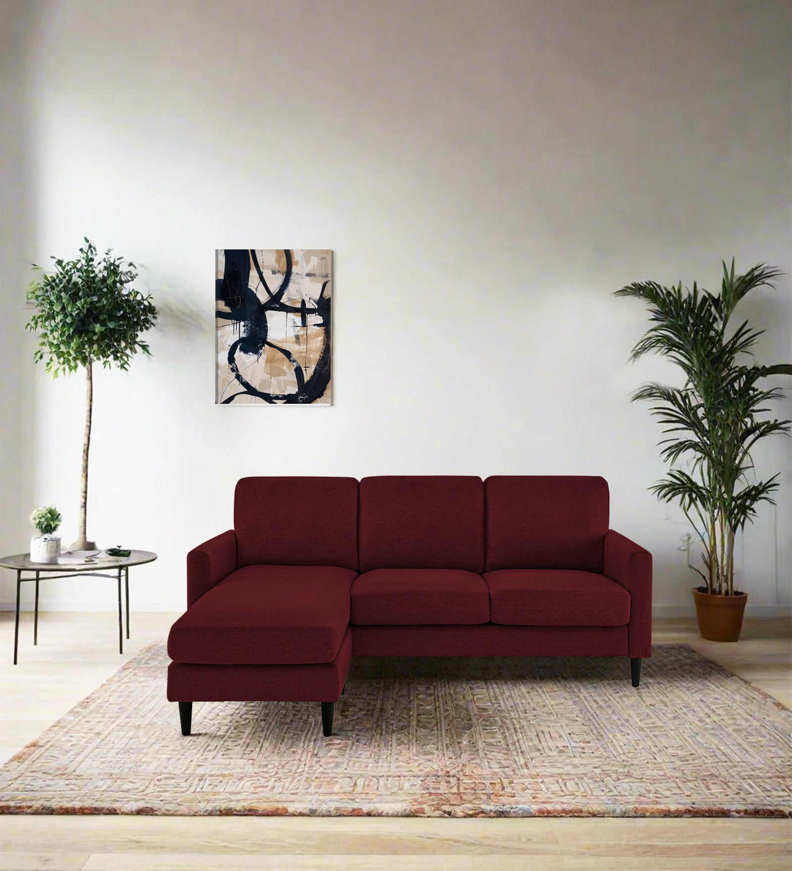 Romie Fabric RHS Sectional Sofa (2+Lounger) In Blood Maroon Colour - Febonic Living