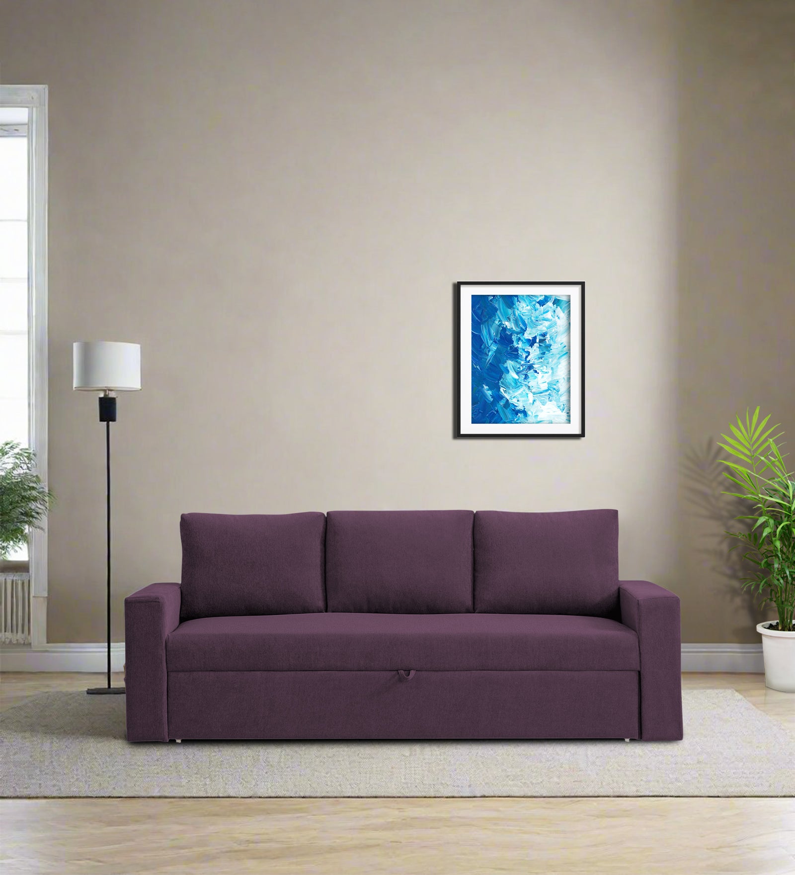 Kara Fabric 3 Seater Pull Out Sofa Cum Bed In Greek Purple Colour - Febonic Living