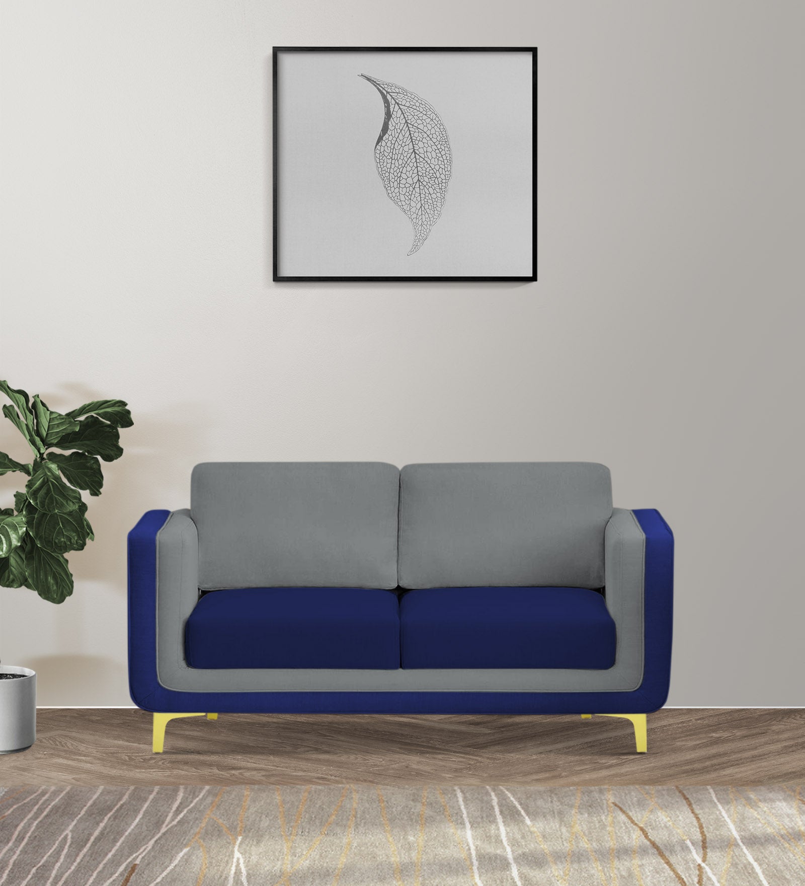 Visky Velvet 2 Seater Sofa In Pearl Grey And Indigo Blue Colour - Febonic Living