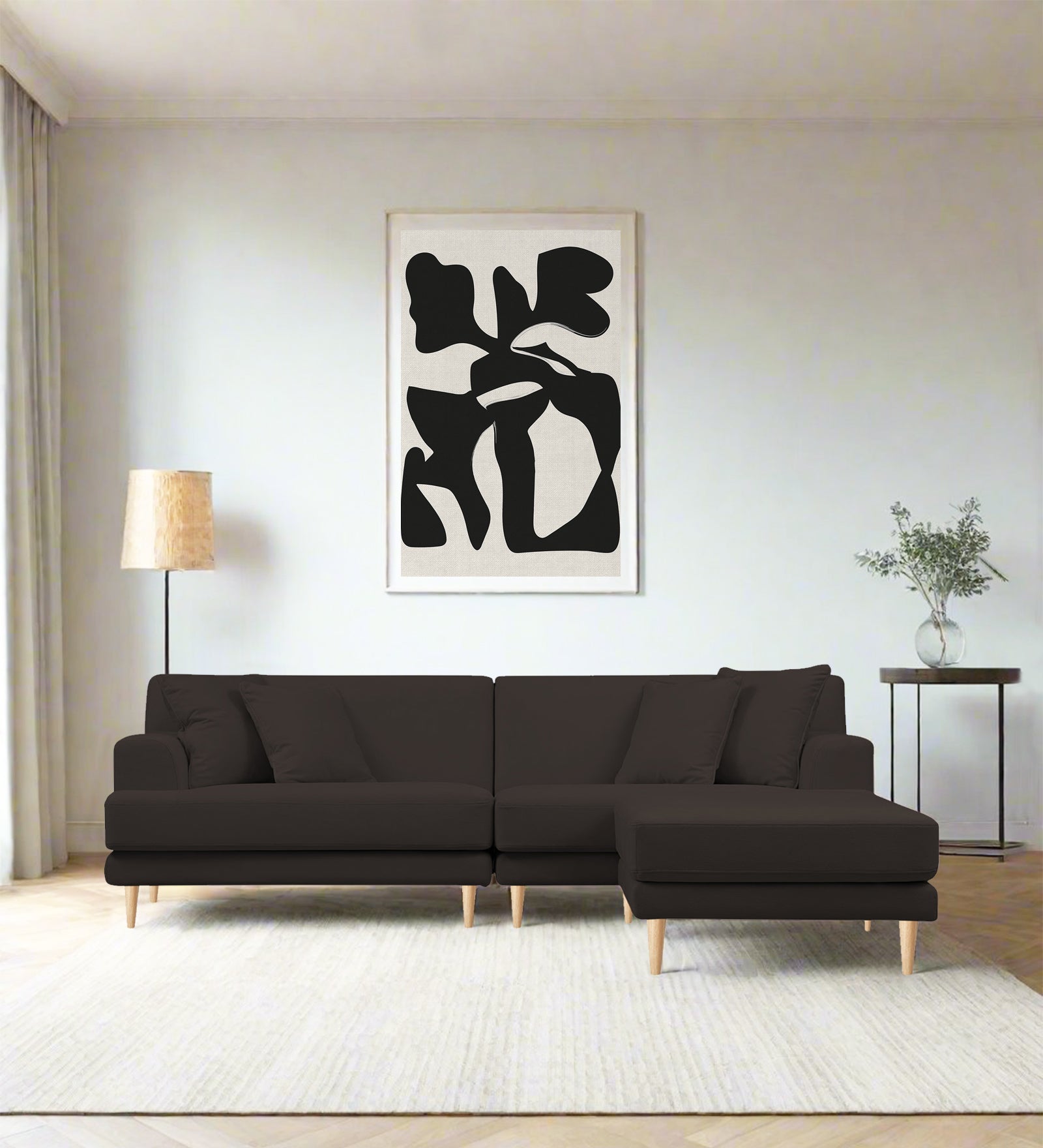 Woody Fabric LHS Sectional Sofa (3+Lounger) In Coal Brown Colour - Febonic Living