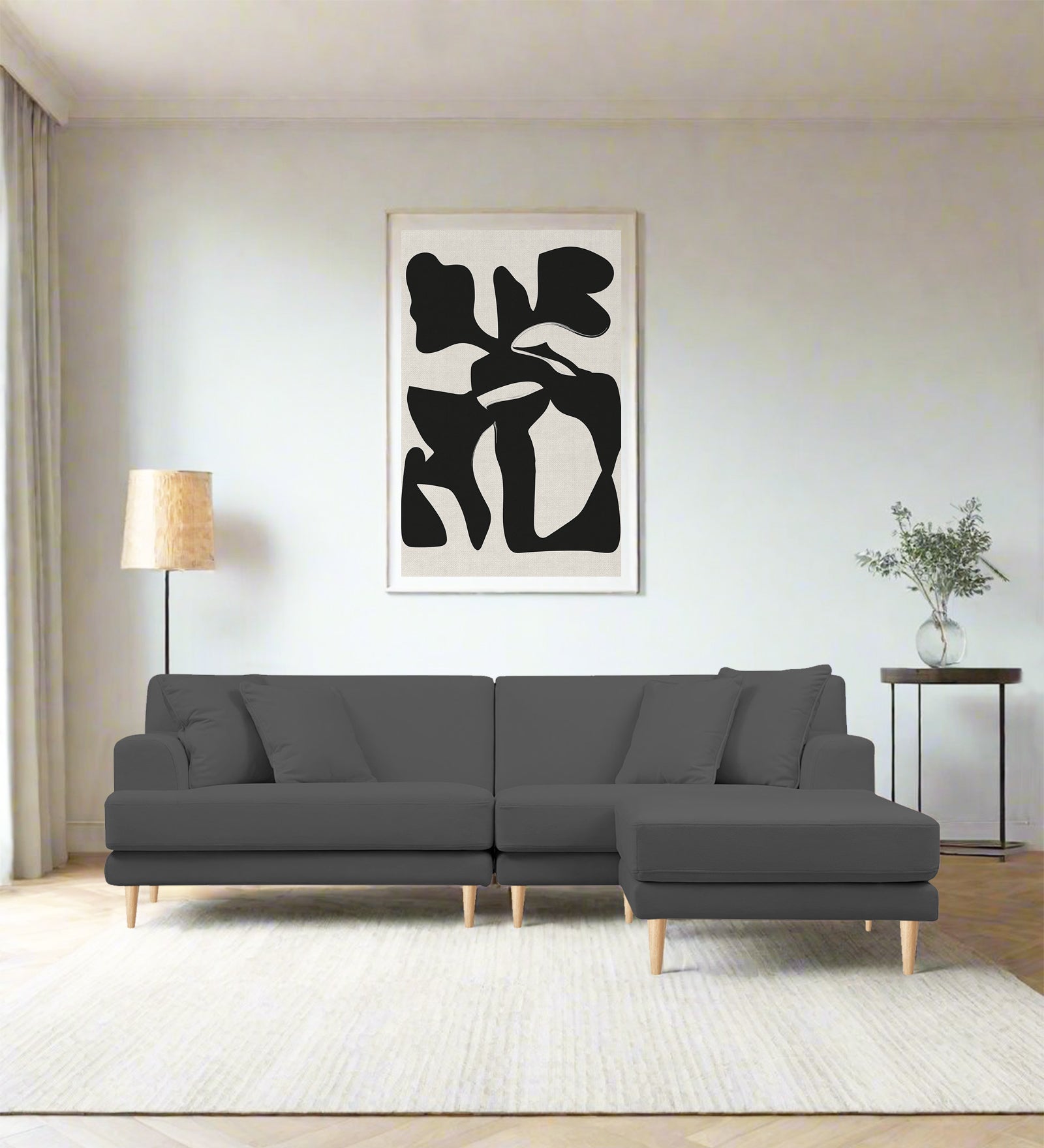 Woody Fabric LHS Sectional Sofa (3+Lounger) In Pure Grey Colour - Febonic Living